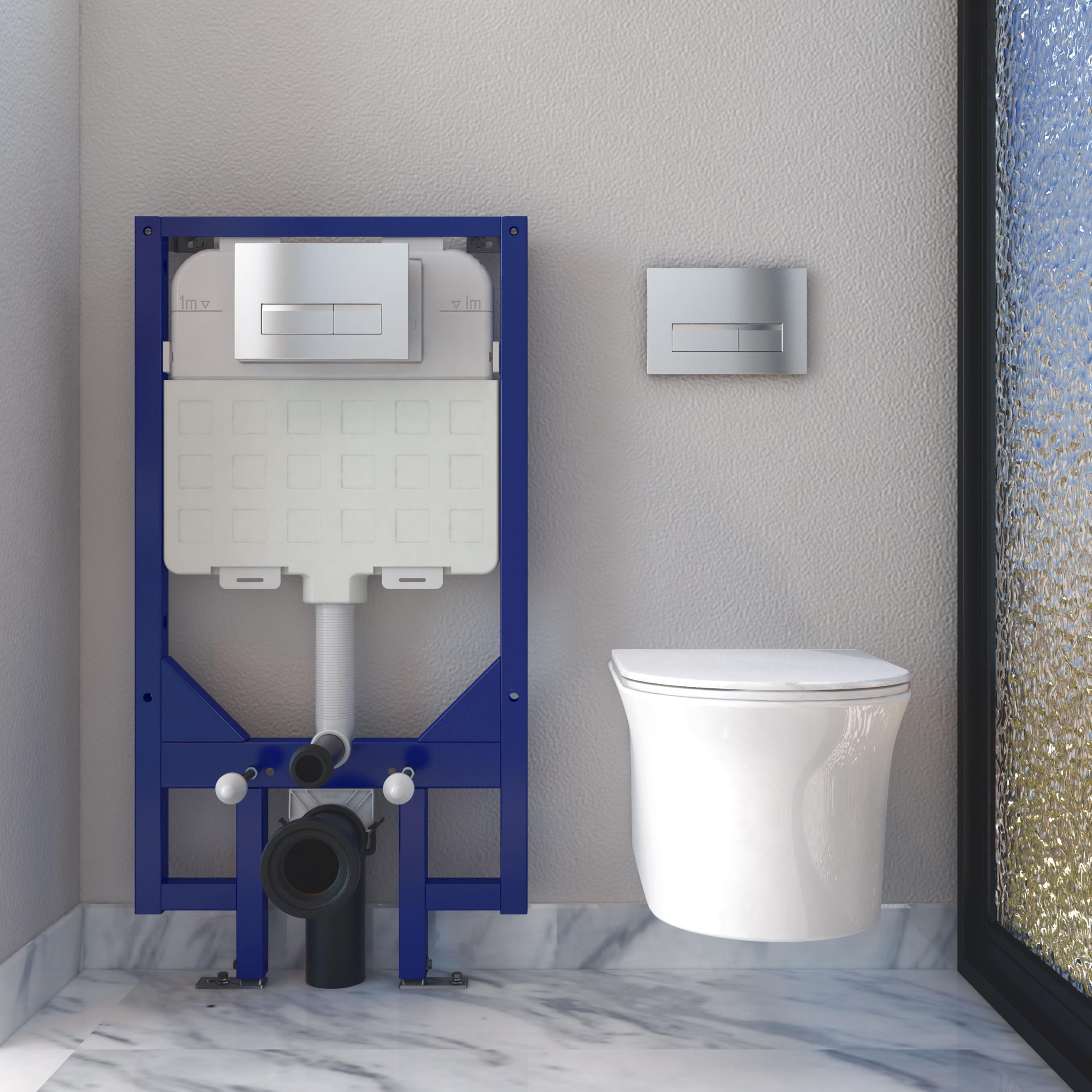 Round Rimless Wall Hung Toilet Modern Bathroom Short Projection with 1.14M Concealed Cistern Frame WC Pan UF Soft Close Seat White-36101