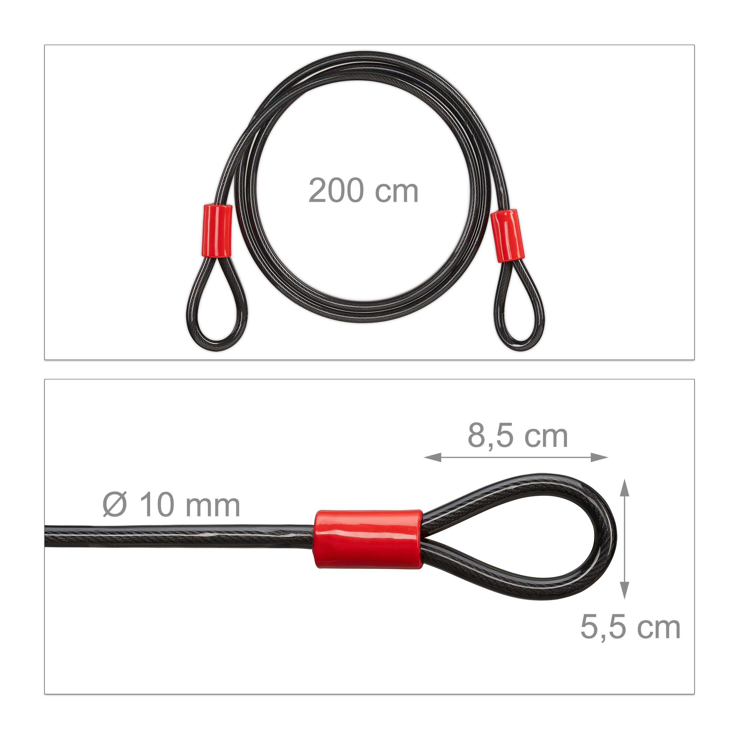 Relaxdays Cavo Extra Lungo da 2m in Acciaio Rivestito per Biciclette e Bagagli, Nero