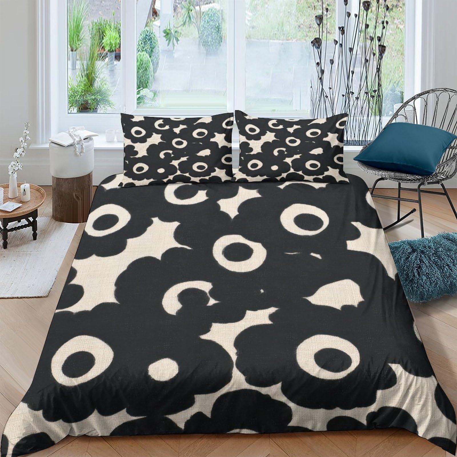 P5V6M1Q9 3D Printed Black Abstract Floral Duvet Cover Microfiber Soft Breathable Bedding Set with 2 Pillowcases for Bedroom Home Single（135x200cm）