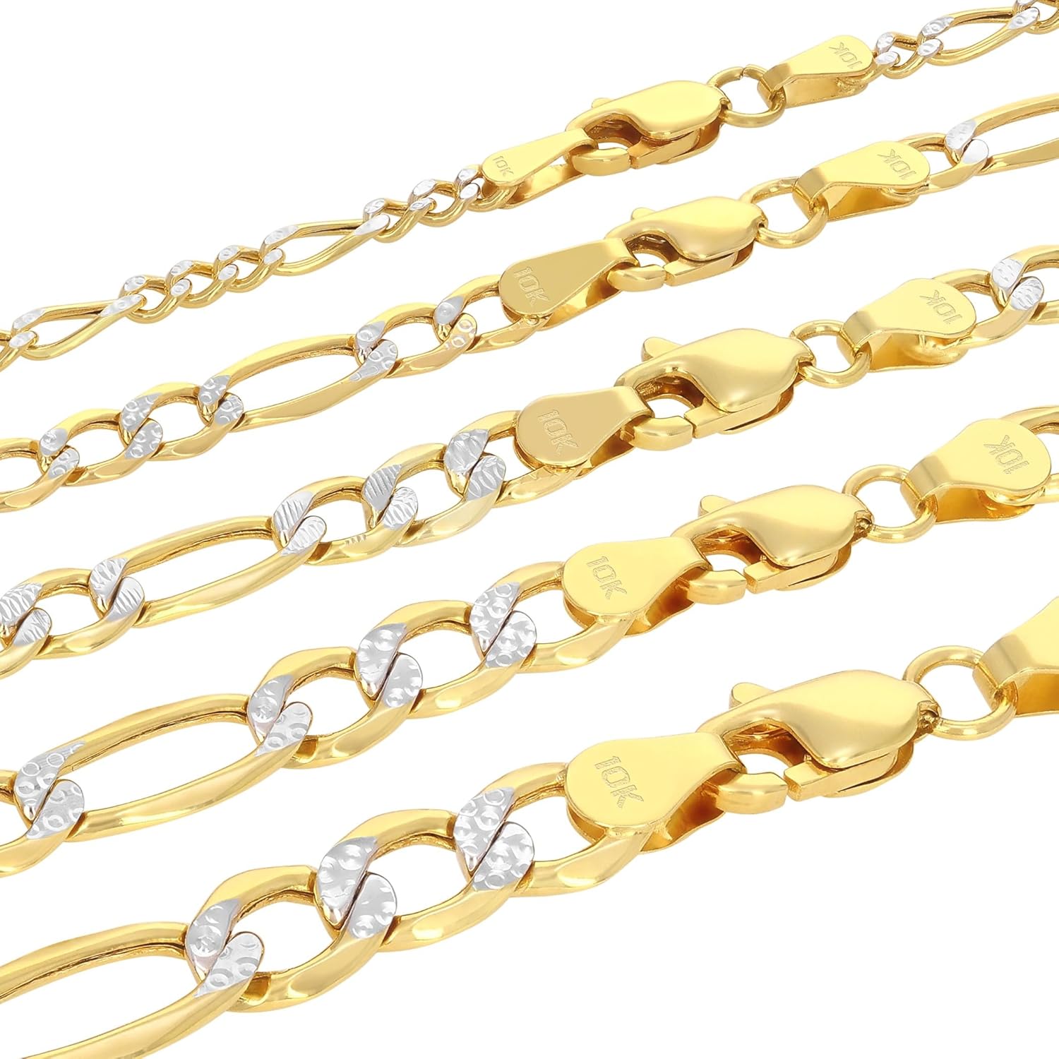 Nuragold 10k Real Yellow Gold Figaro Link Diamond Cut Two Tone Pave Chain Bracelet 7"-9" (2.5mm-6.5mm) Italian Jewelry for Men & Women