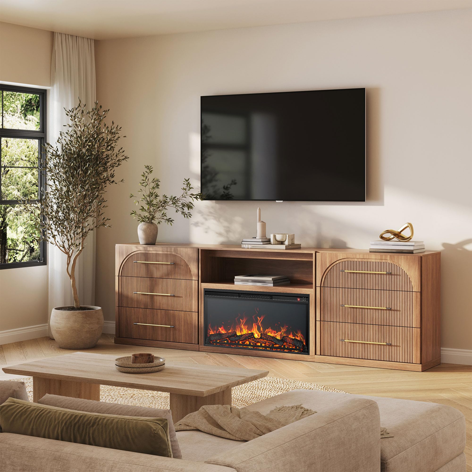 BELLEZE Jagger 105" TV Stand with 36" Electric Fireplace - Camel