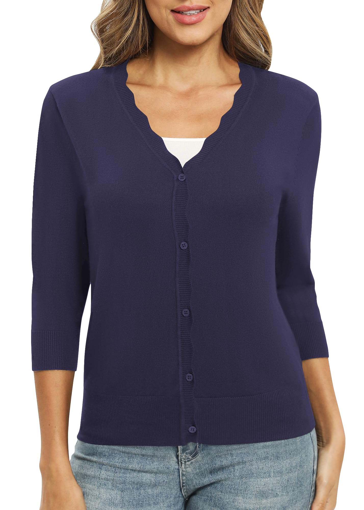 EXCHIC Femmes Daily 3/4 Manches Bouton Down Pulls Col en V Couleur Unie élastique Léger Mince Tricot Cardigan