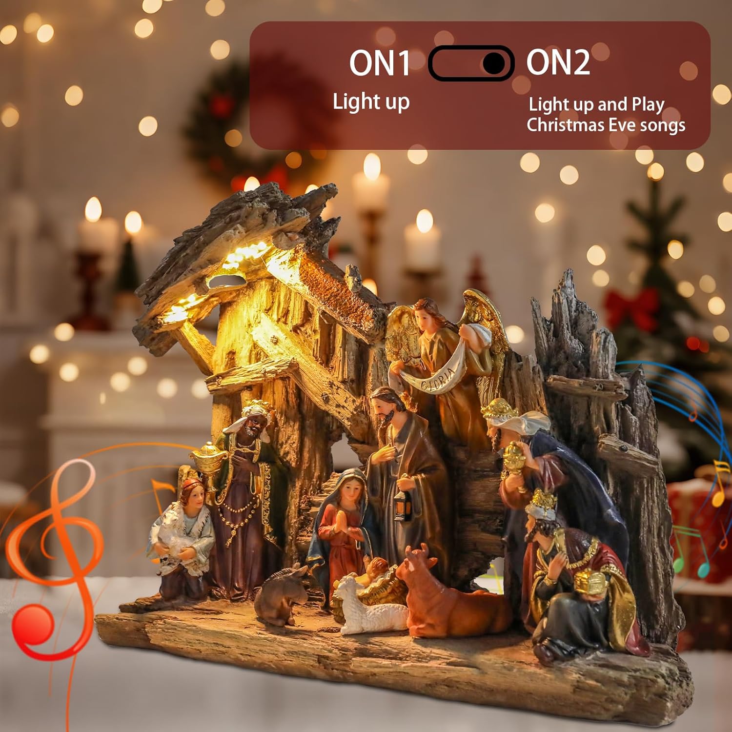 MUMTOP Nativity Set with Manger, Resin Nativity Set Figurine with LED Lights and Music, Christmas Nativity Scene Sets for Tabletop Holiday Home Chapel Christmas Indoor Decorations