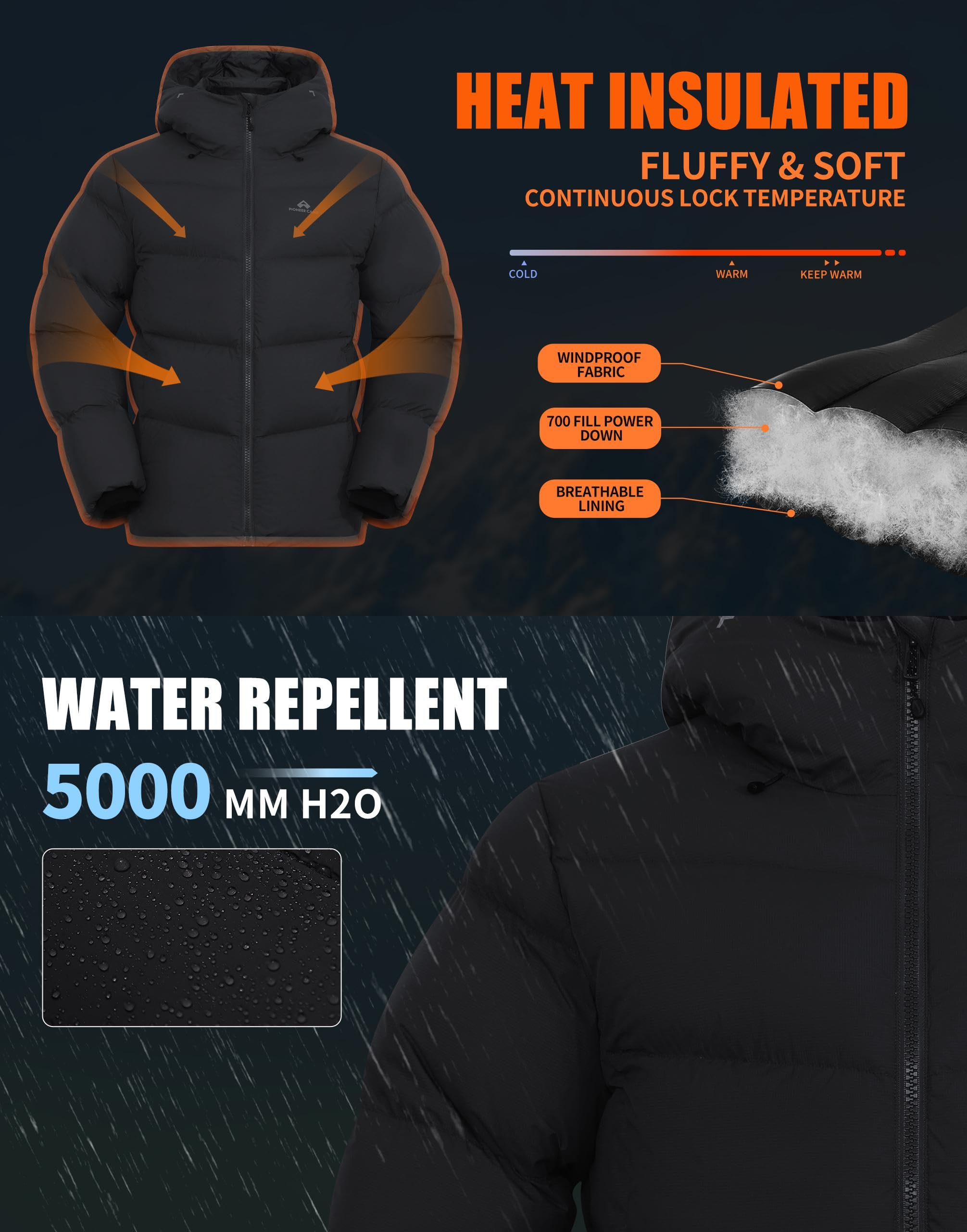 Pioneer Camp Piumino invernale da uomo, 90% piumino d'anatra, 650, caldo, impermeabile, antivento