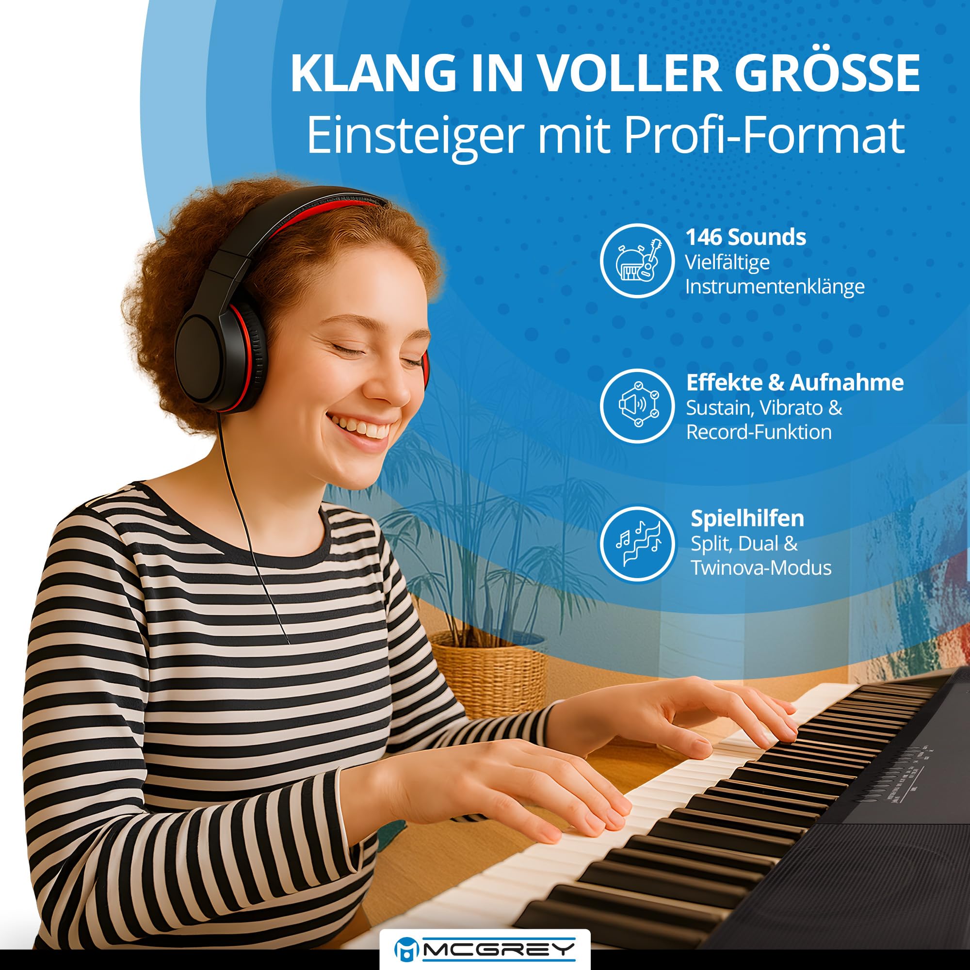 McGrey SK-88 Keyboard Super Kit Trolly Set - Einsteiger-Keyboard in Stagepiano-Optik mit 88 Tasten - 146 Klänge - inklusive Sustain-Pedal, Keyboardständer, Hocker und Kopfhörer - schwarz