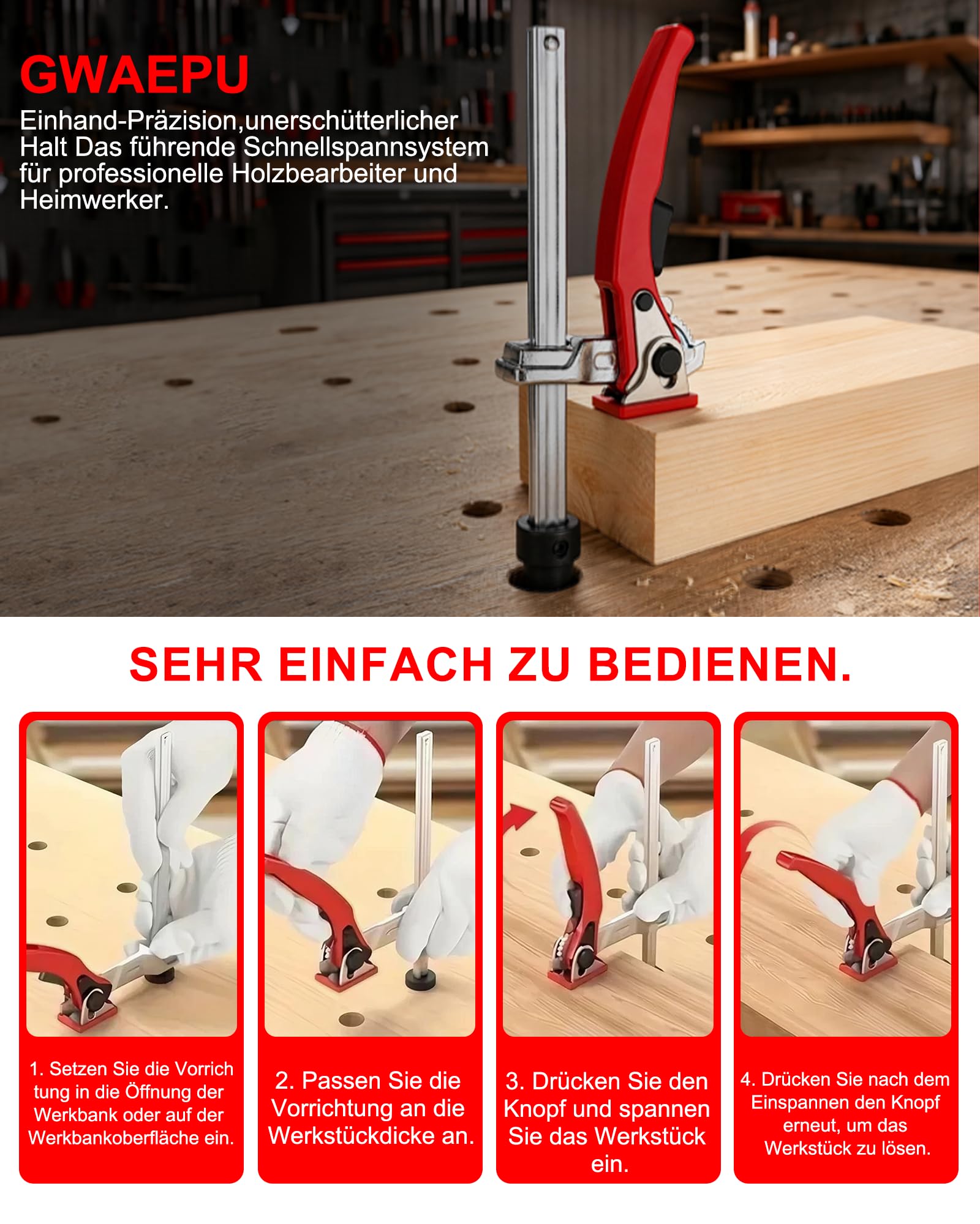 Lot de 6 supports bas : 2 colliers de serrage de 20 mm et 4 crochets d'établi en acier au chrome vanadium, pince à serrage rapide 160 x 60 mm pour le travail du bois, table MFT et établi (rouge