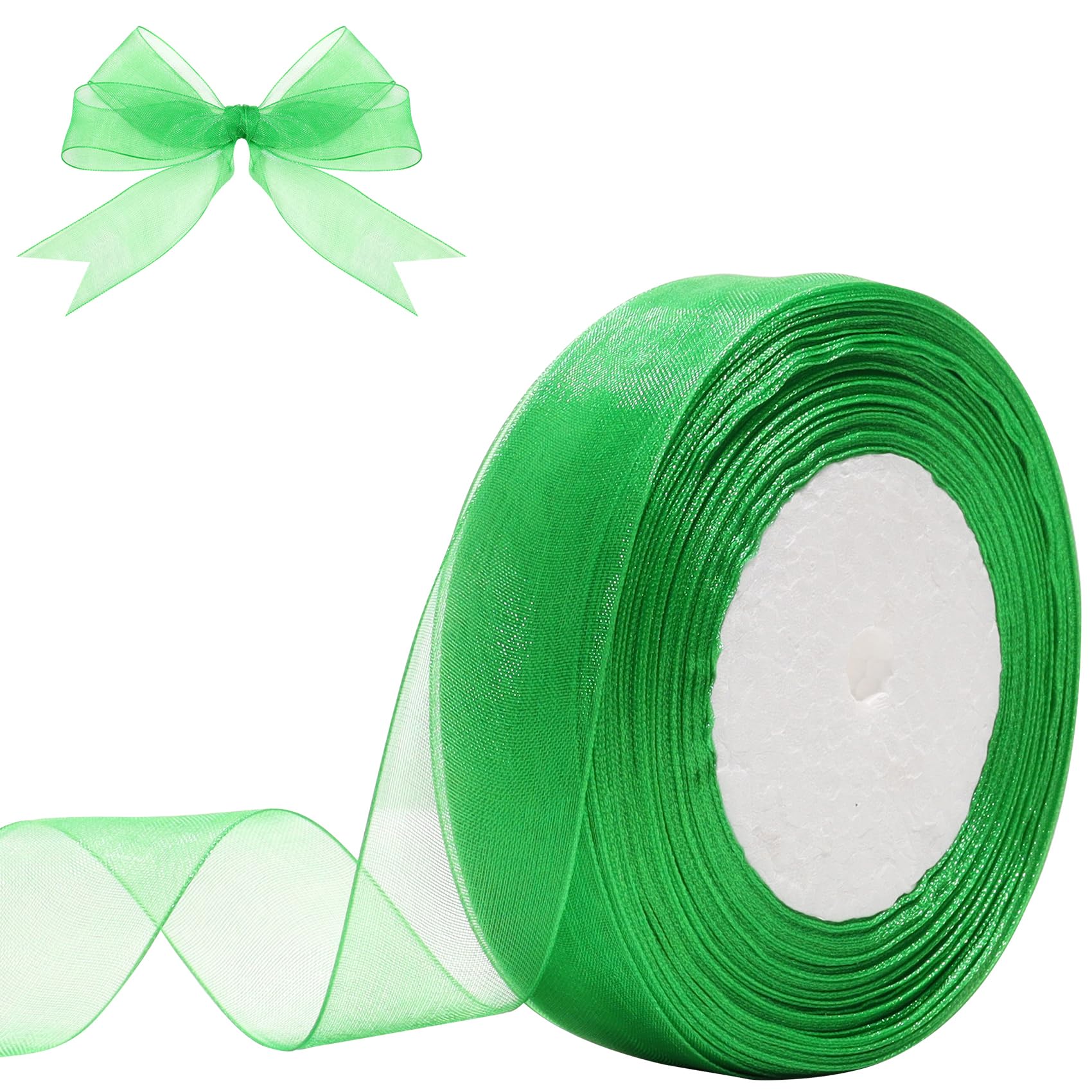 Hiswan 1 inch Sheer Organza Ribbon 50 Yards Green Chiffon Ribbon for Gift Wrapping Wedding Bouquet Crafts