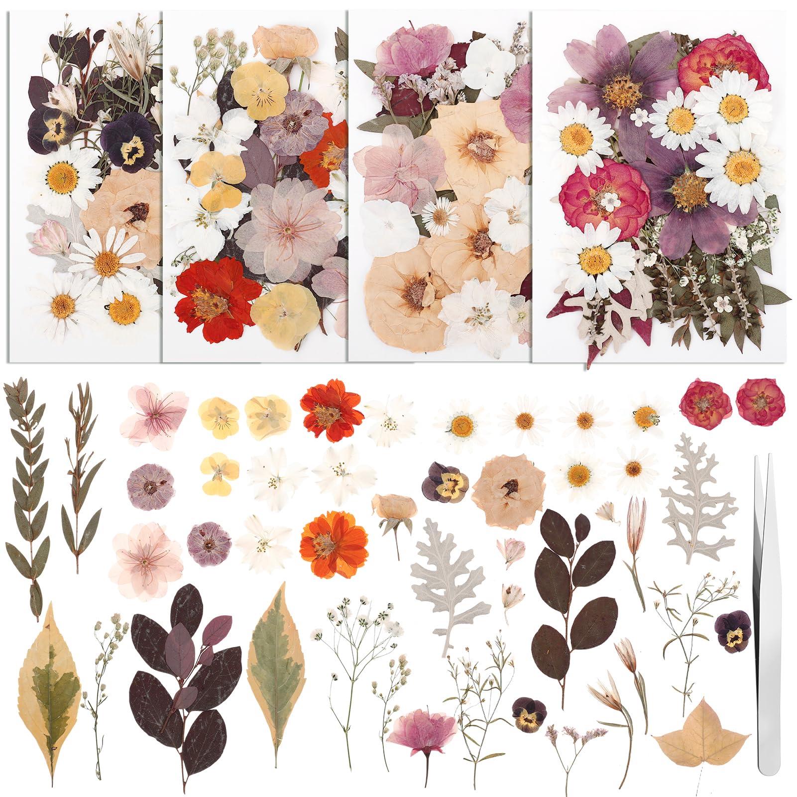 100 Pcs Dried Pressed Flowers,Real Natural Dried Wildflowers Leave with Tweezer Floral Decoration for DIY Crafts,Candle Making,Resin Mold and Scrapbooking Mixed Yellow