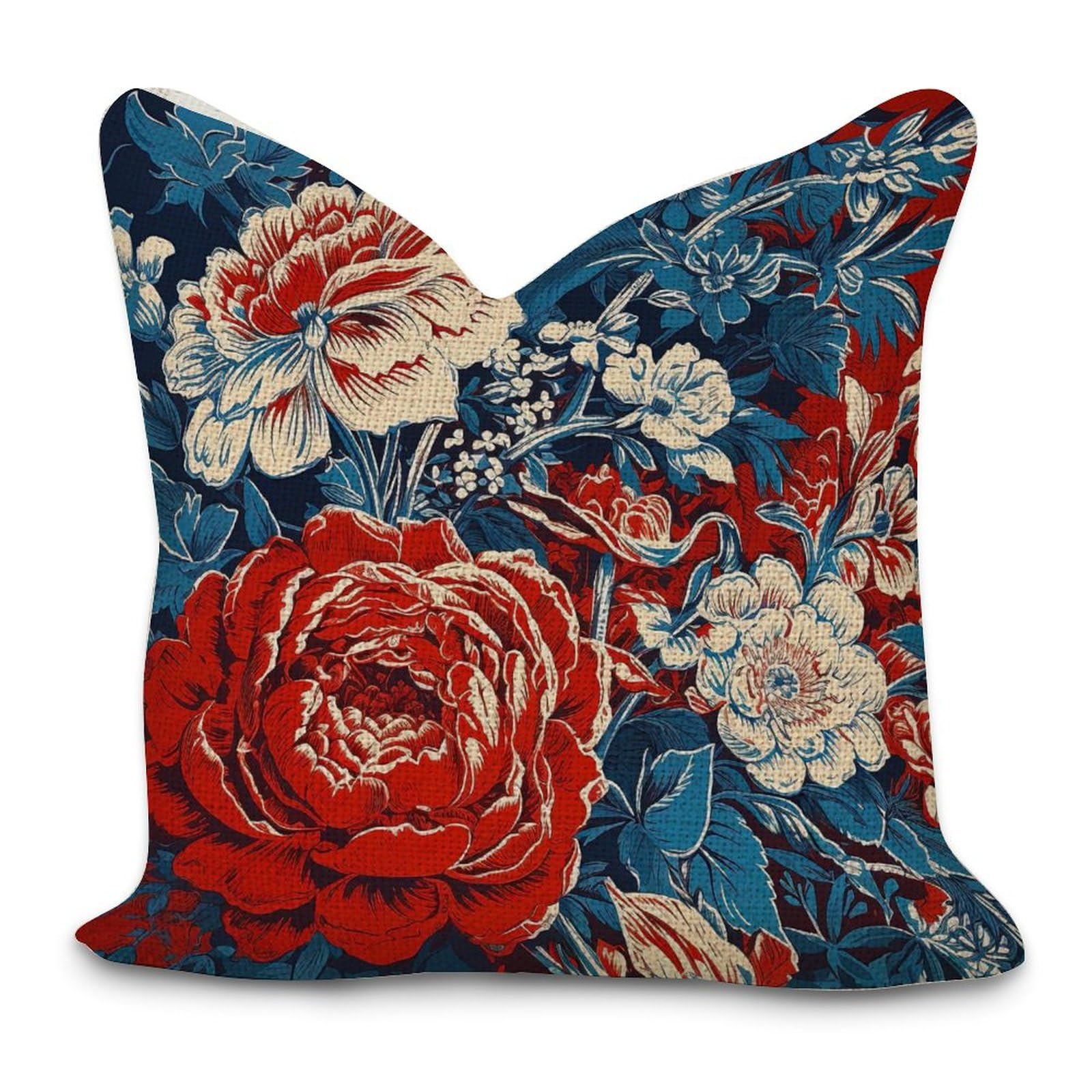 Chinoiserie Red And Blue Peony Floral Decorative Pillow Covers 18x18in Chinoiserie Asian Pillowcase Farmhouse Throw Cushion Cover Cases for Couch Sofa Bed Living Room Home Decoration