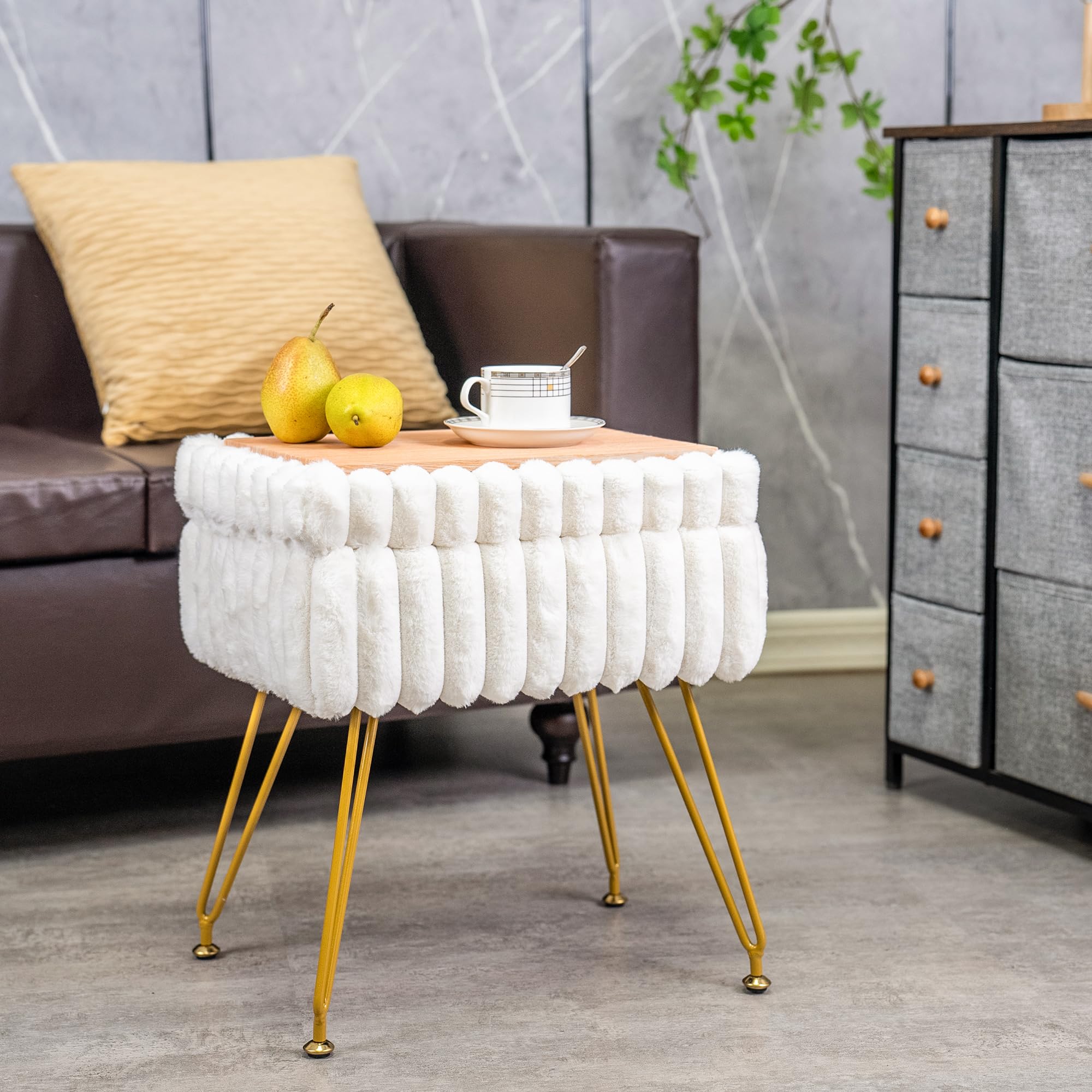 Taburete de tocador de piel sintética blanca con otomana de almacenamiento, silla de tocador para sala de maquillaje, taburetes de tocador para dormitorio, reposapiés con patas de metal y 2