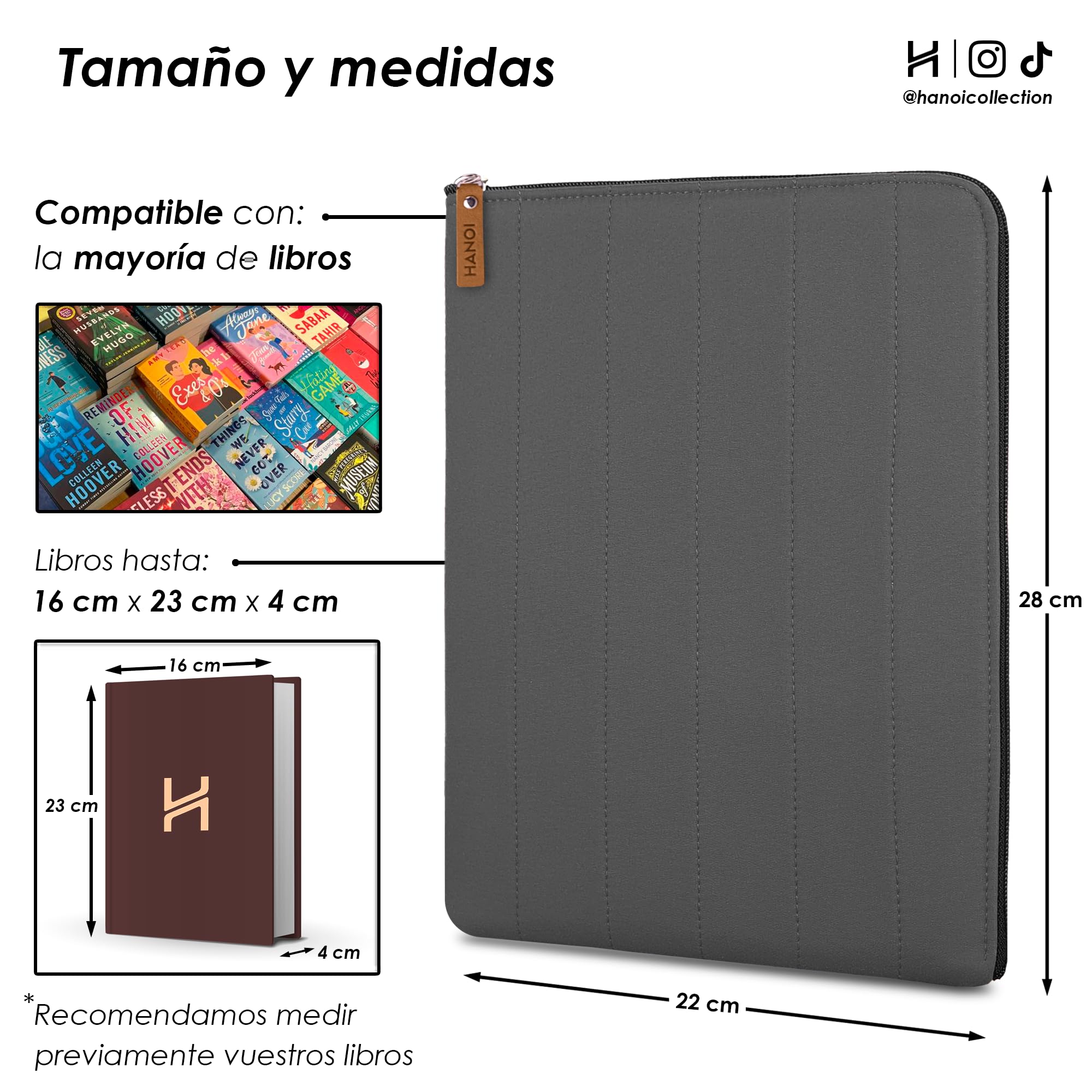 Lisboa™ Funda para libros con cremallera acolchada. Funda de libro acolchada grande. Funda protectora de libros de lectura (Gris Oscuro, Grande)