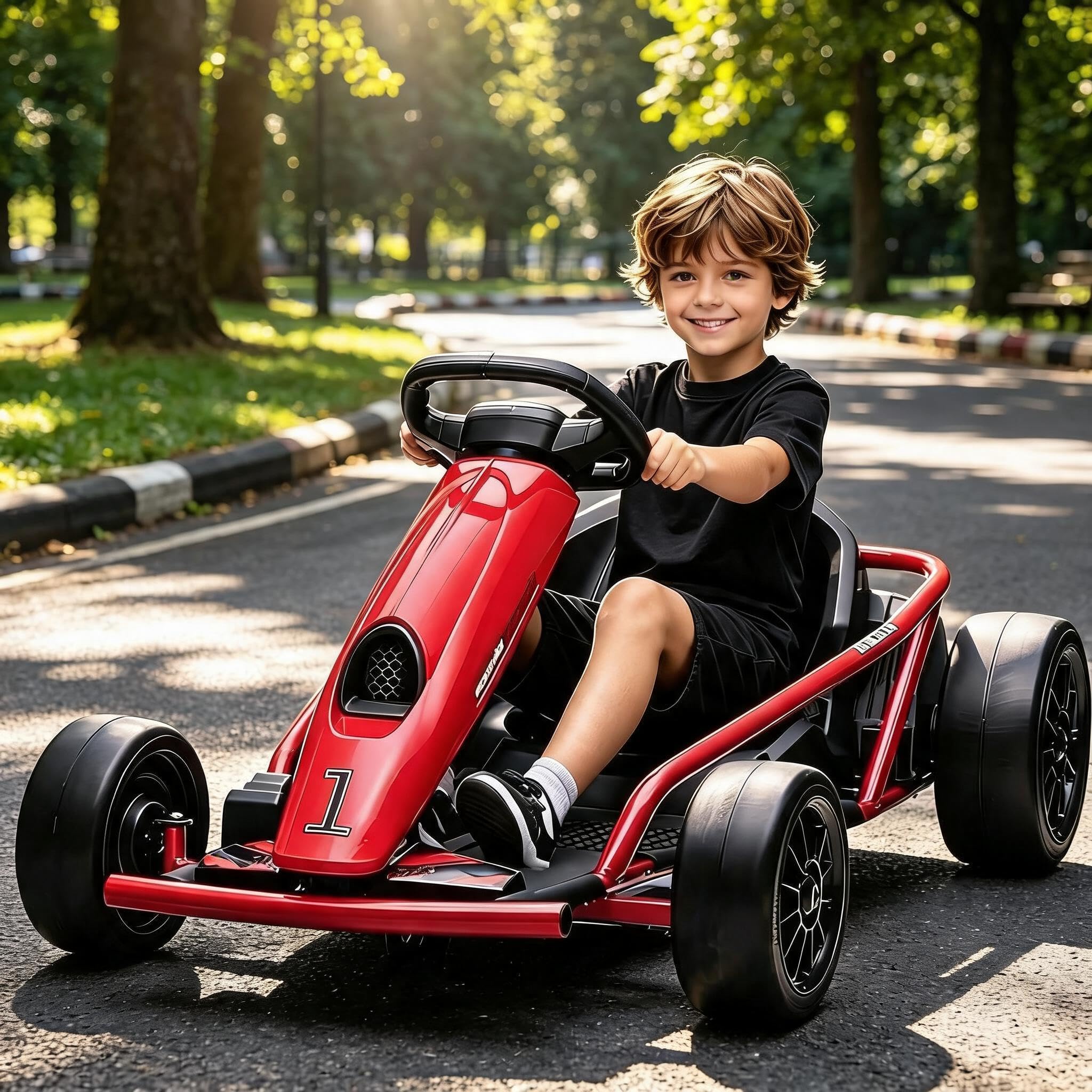 Elektrisches Go-Kart Rot 24V für Kinder, Drift Kart mit 2×12V 9Ah Akku, Verstellbarem Sitz, Vor- und Rückwärtsgang, Elektro Kinderauto ab 4 Jahren