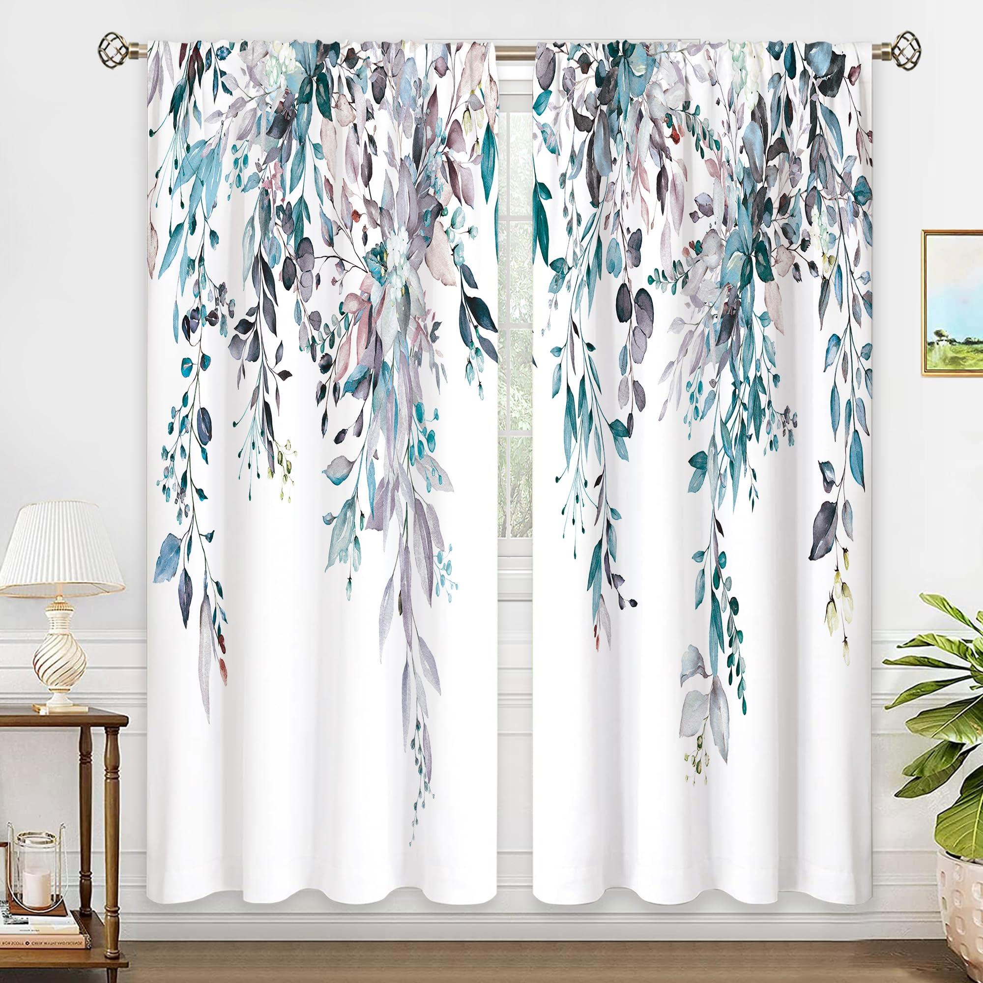 oolygoo Blue Grey Eucalyptus Botanical Leaves Floral Window Curtains Watercolor Flower Plant Wildflower Farmhouse Boho Curtain Drapes Herb Curtains