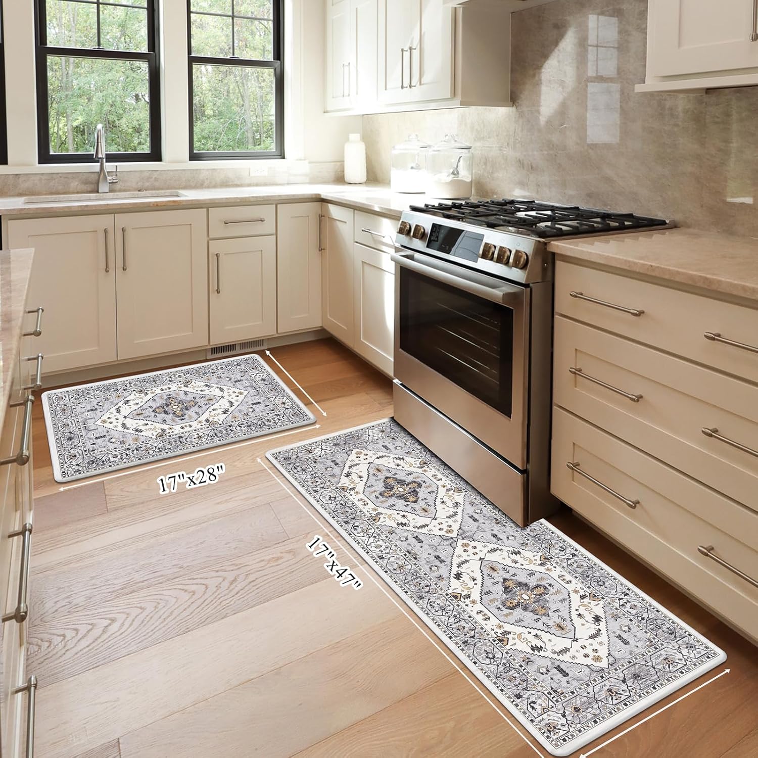 Pauwer Anti Fatigue Kitchen Mats for Floor 2 Piece Set, Cushioned Memory Foam Rug, Non Slip Runner Rug Carpet, Waterproof Sink Area Comfort Standing Mat Laundry Grey