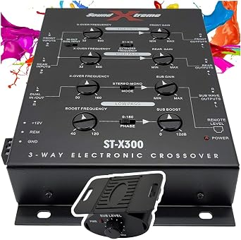 SoundXtreme ST-X300 3-Way Electronic Car Audio Crossover, Dash Mount with Remote Bass Knob, 10Hz-30kHz Response, 60dB Separation, Power Adapter & Connector