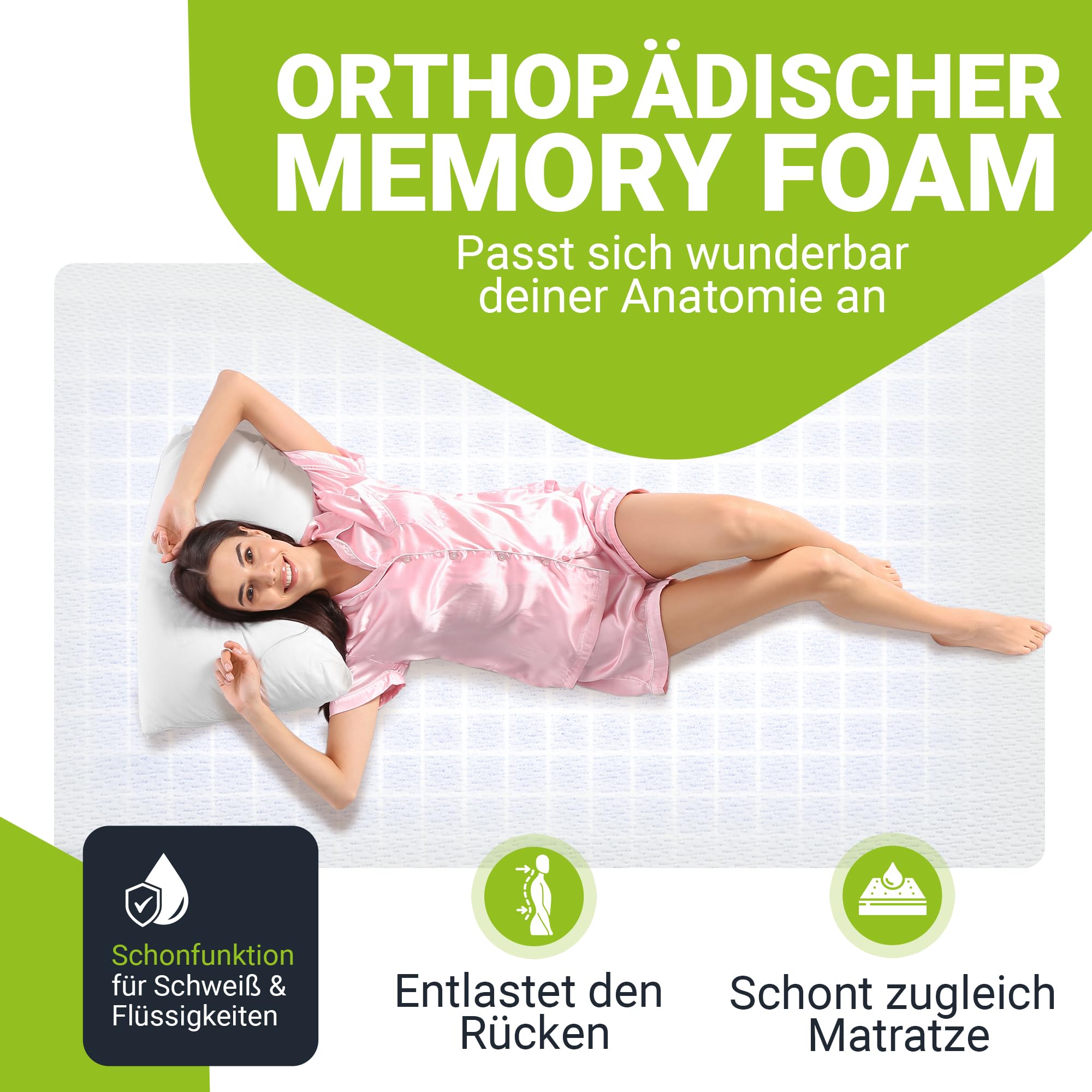 Juskys Topper 90x200 cm aus Memoryschaum, 7-Zonen orthopädisch & atmungsaktiv, 7cm Höhe, H2 - H3, Bezug waschbar Matratzentopper Matratzenauflage White