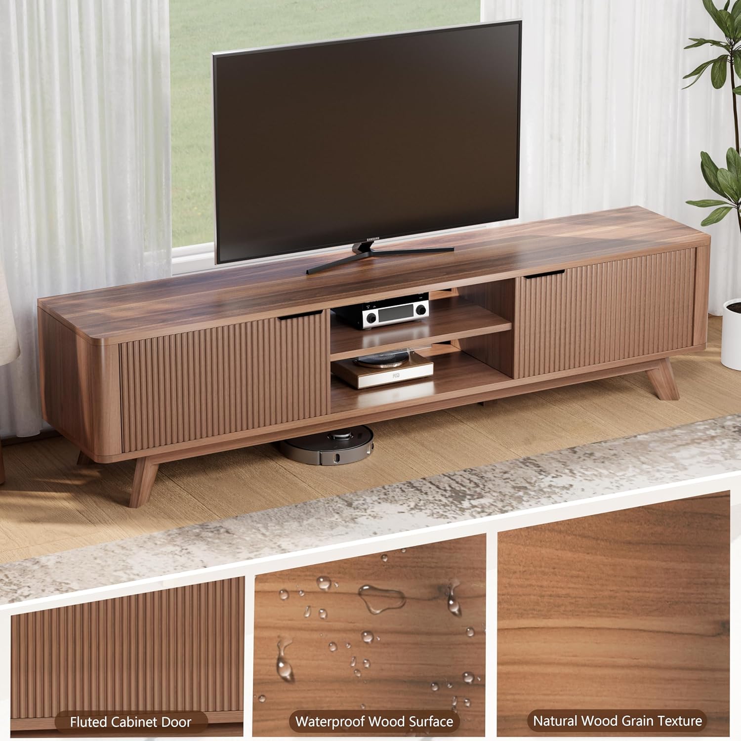 70" Mid Century Modern Fluted TV Stand,TV Stand for Living Room for TVs up to 80 Inches,Entertainment Center, Sideboard,TV Console with Fluted Door Cabinets and Open Shelves,Reddish Brown