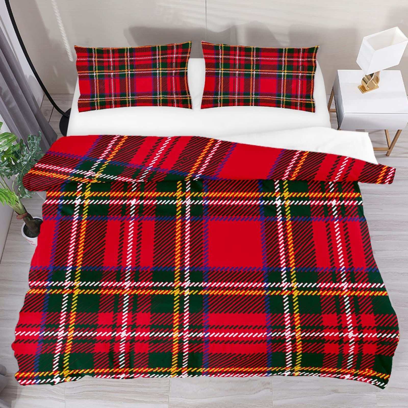 3pcs Duvet Cover Set Red Green Tartan 