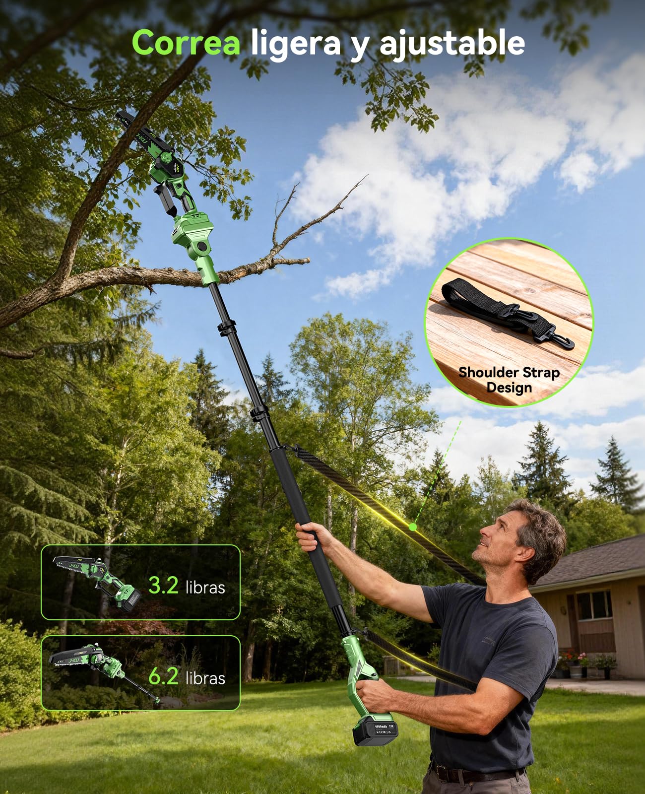 J-KU 2-in-1 Akku Teleskop Hochentaster, 6 Zoll Mini Kettensäge mit 2×4.0Ah Akkus & Ladegerät, Bürstenloser Motor, bis 4,8m Arbeitshöhe, Akku-Astsäge für Baumpflege und Gartenarbeit