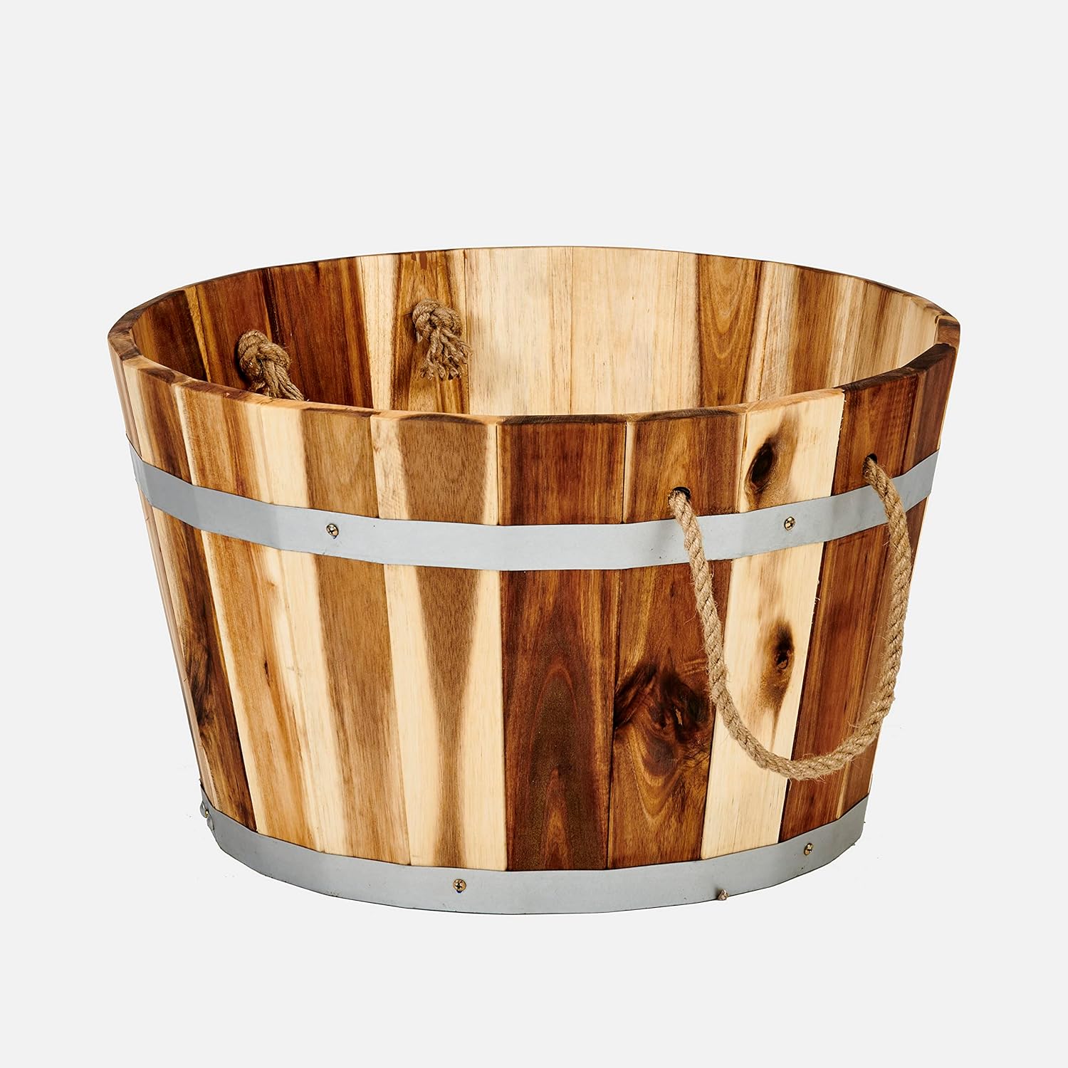 Worth Imports 15" Natural Acacia Wood Barrel Planter with Rope Handles