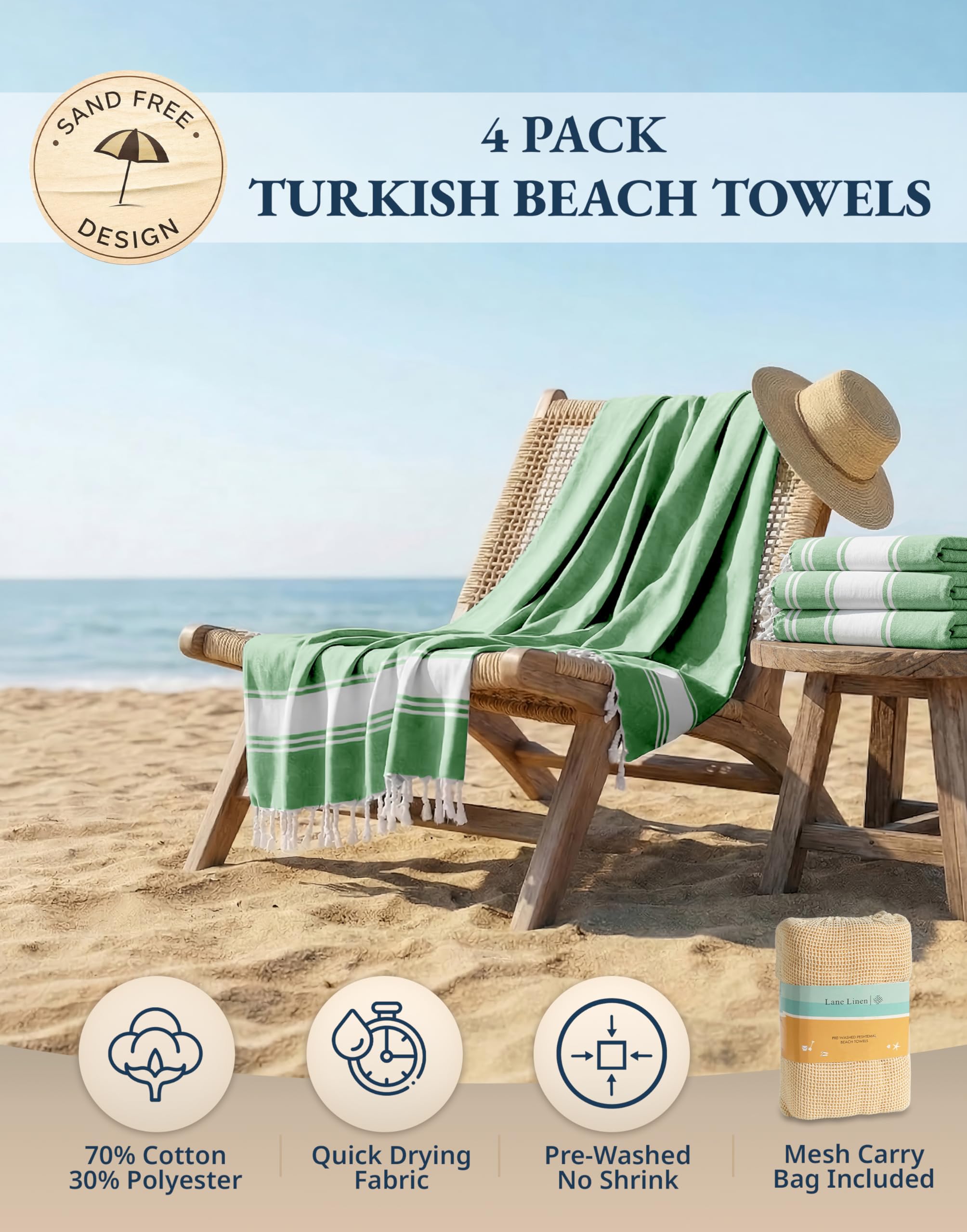 LANE LINEN Lot de 4 serviettes de plage turques surdimensionnées, 99,1 x 180,3 cm, serviettes de piscine légères et à séchage rapide, serviettes de voyage pré-lavées, anti-sable et absorbantes, vert