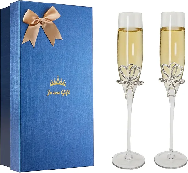 Jozen Gift Gold Champagne Flutes - Set of 2 Hand Blown Champagne Glasses wtih Metal Accent- Gifts for Birthday,Wedding, Mother’s Day - 6 oz (Modern, Silver)