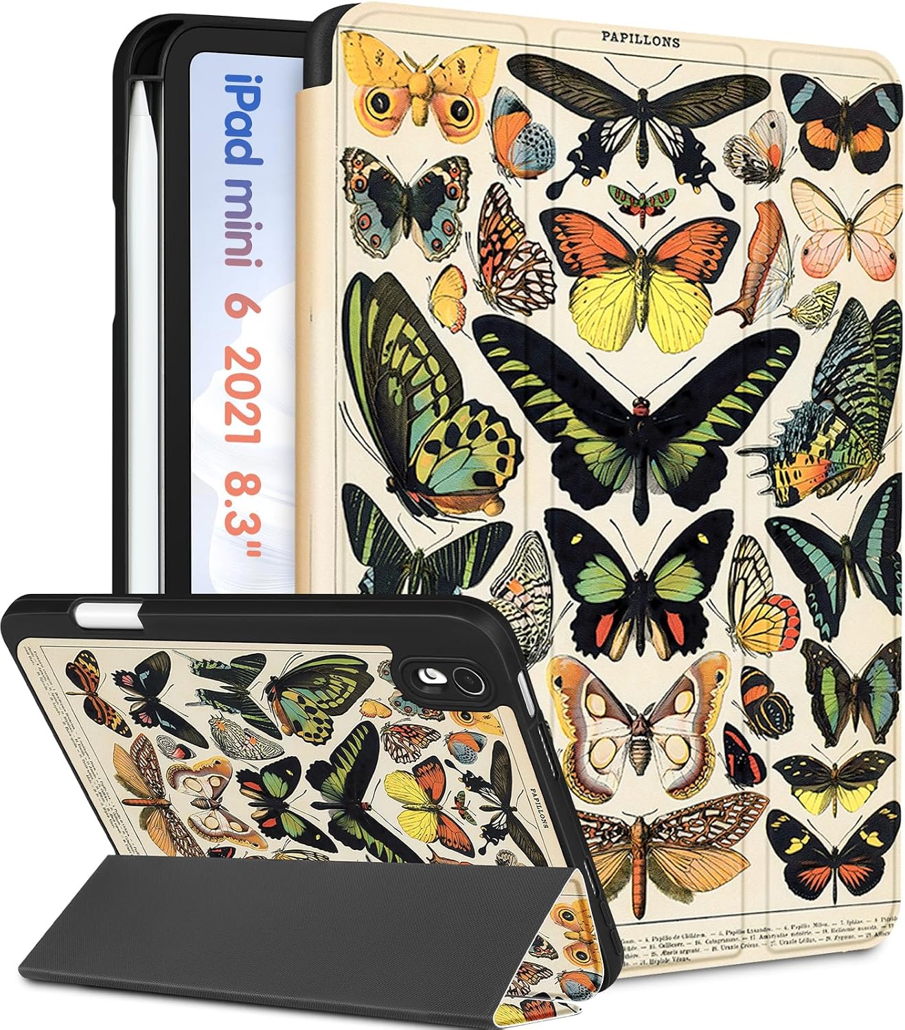Wazzasoft for iPad Mini 7 Case - for iPad Mini 6th/7th Generation Cases Women Girls Cute Folio Cover Girly Butterfly Design Unique Pencil Holder for Apple Mini 6 2021/Mini 7 A17 Pro 2024 Case 8.3 Inch