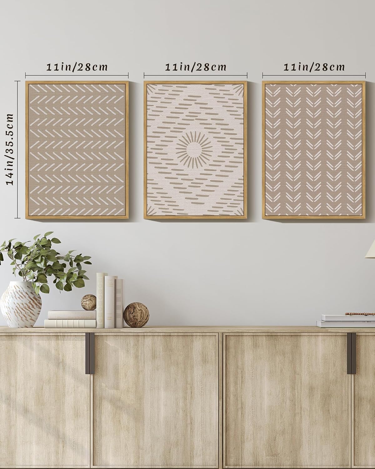 PHOPAGO Boho Geometric Framed Wall Art Mid-Century White Dot Collage Abstract Shape Illustration Neutral Modern Minimalist Painting Decorative Artwork 11x14in Natural Framed