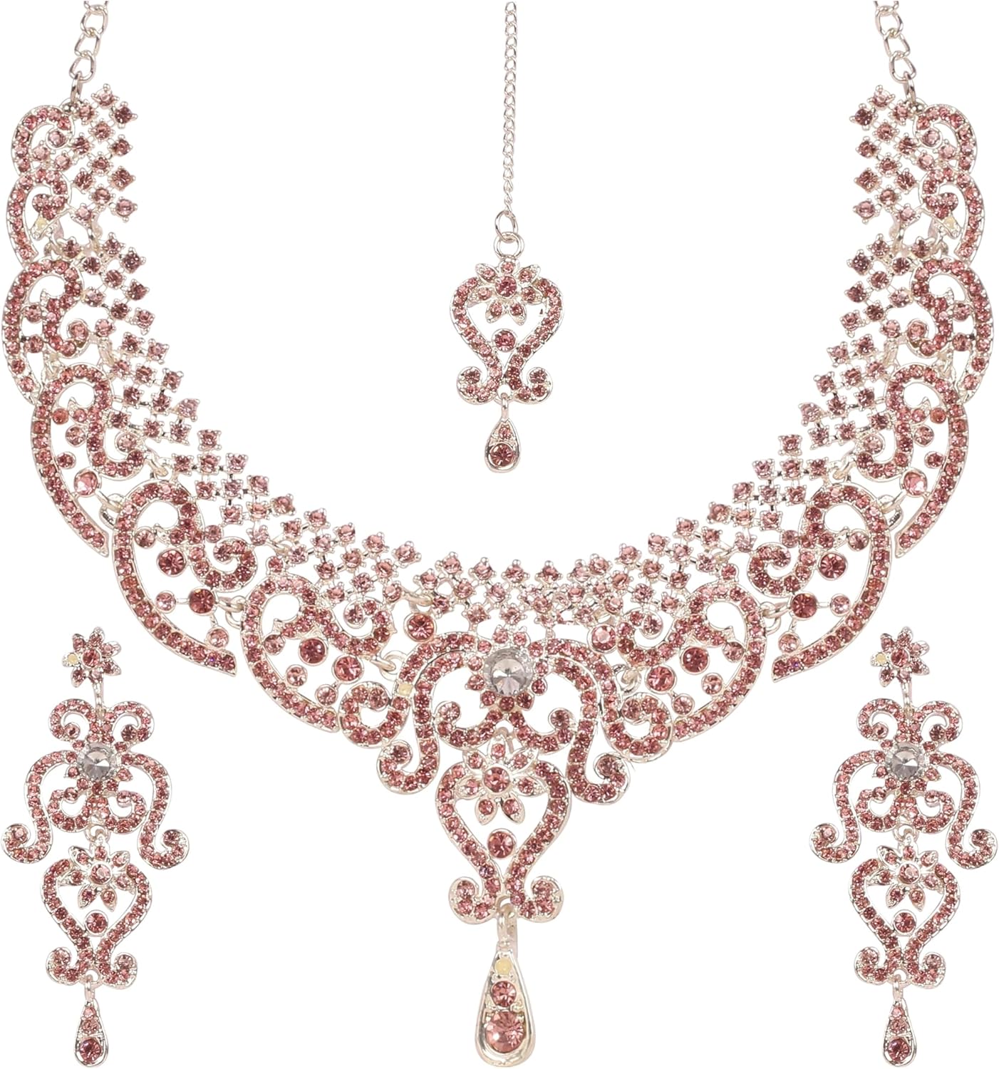 Touchstone New Indian Bollywood Princess Diana Studded Diamond Look White Rhinestone Pink Color Faux Rose Quartz Designer Jewelry Necklace Mangtika Set In Silver Tone For Women.