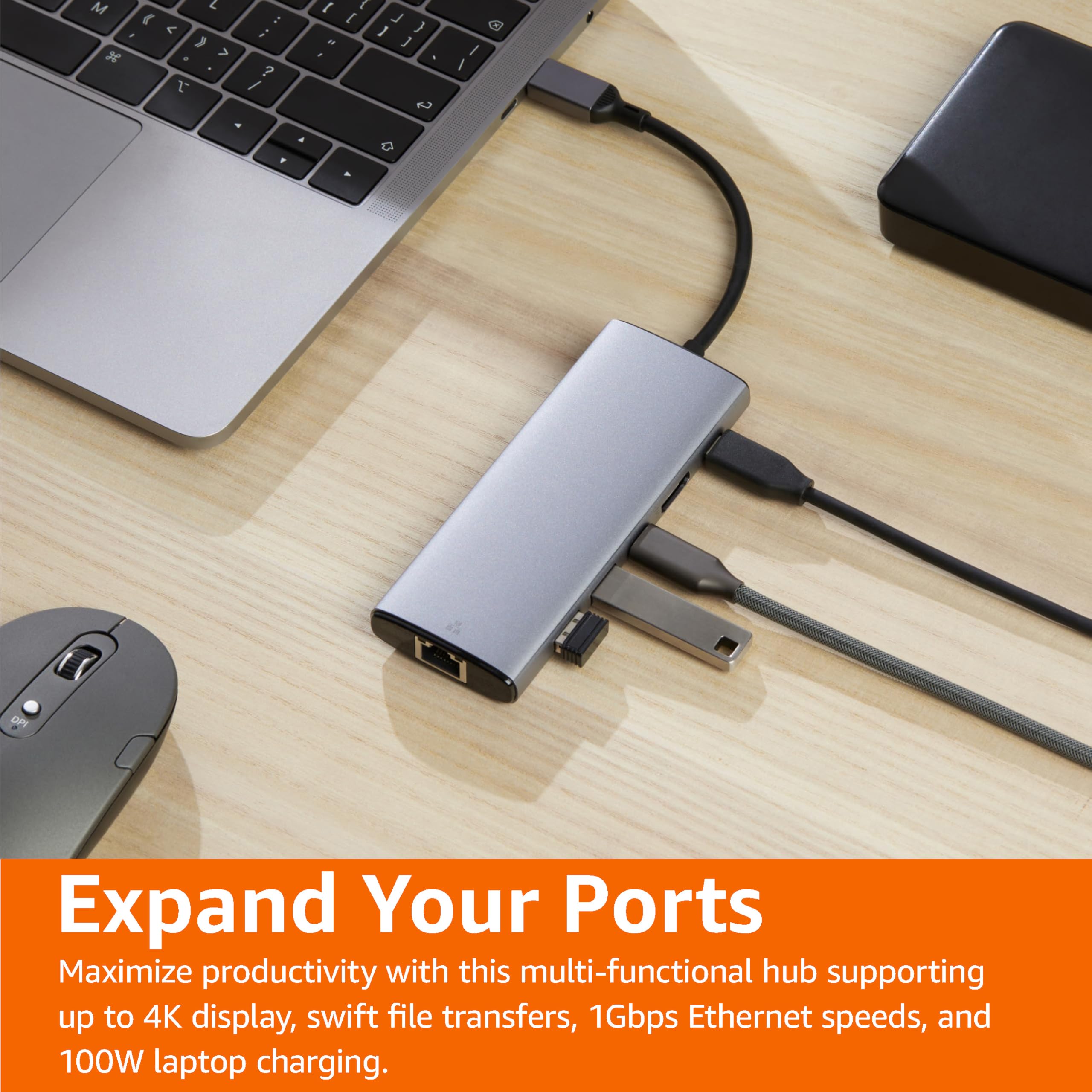 Amazon Basics 6-en-1 3.1 USB Hub, (1 USB-C 100W PD Input, 2 USB-A, 1 USB-C, HDMI 4K, Ethernet), Gris Clair, 11.94 x 4.6 x 1.5cm (Lot de 2)