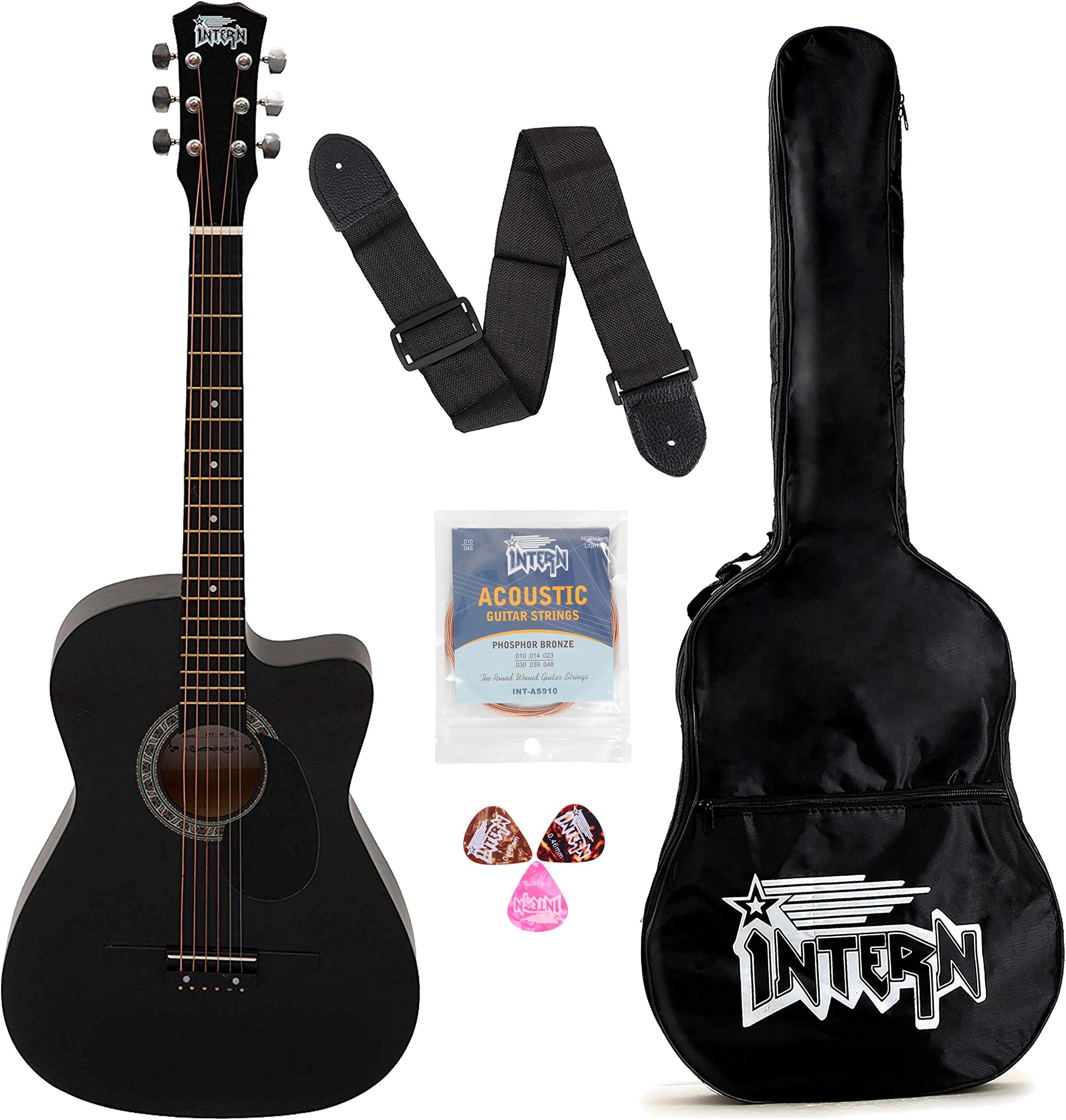 Intern INT-38C-BK-G 38 Inches basswood Cutaway Right Handed Acoustic Guitar Kit, With Bag, Strings, Pick And Strap (Black, 6 Strings) Glossy.