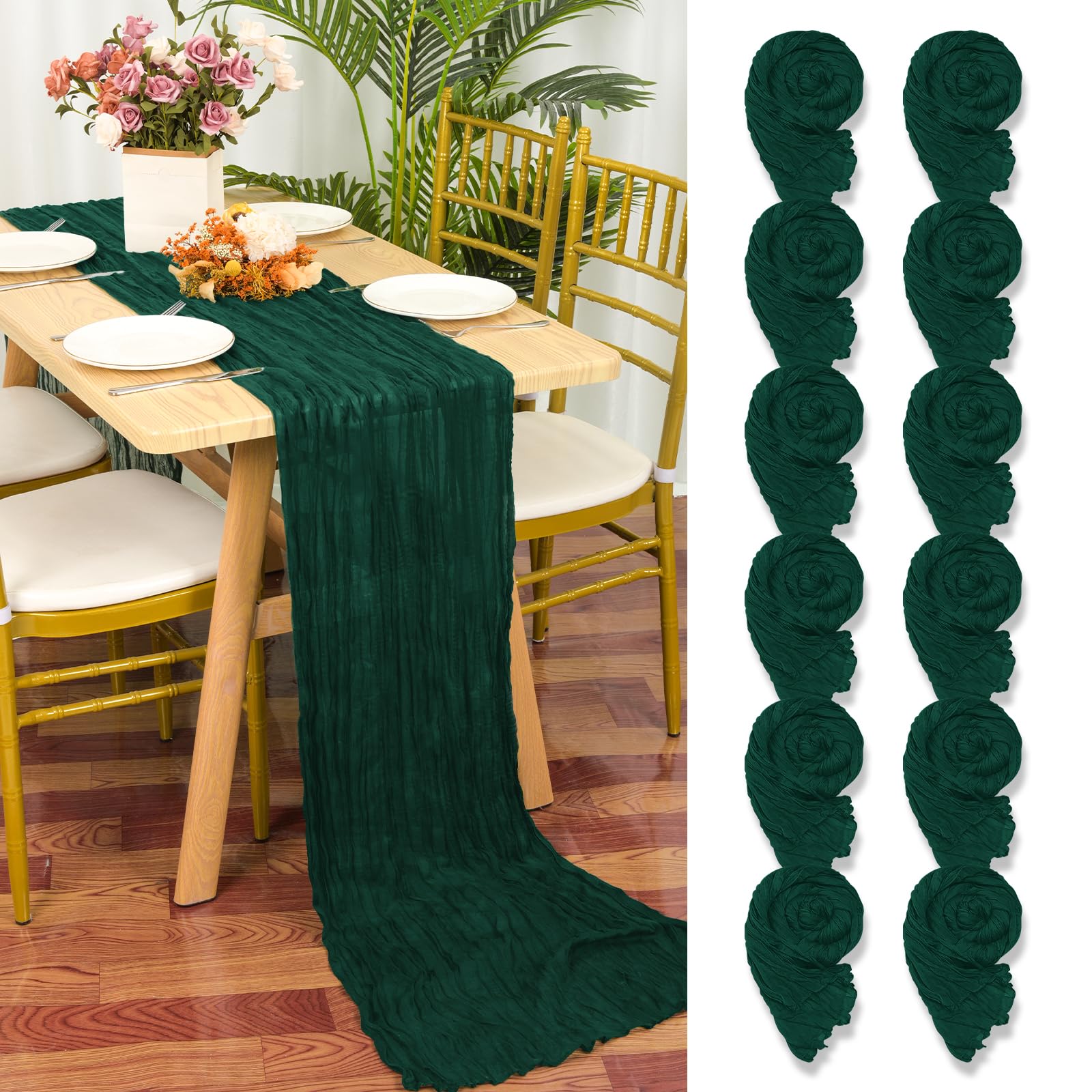 YMHPRIDE 12 Packs Cheesecloth Table Runner Dark Green, 55x300cm Emerald Green Rustic Gauze Fabric Boho Table Runner, Cheesecloth Wedding Table Decor for Wedding Party Bridal Shower Table Decorations