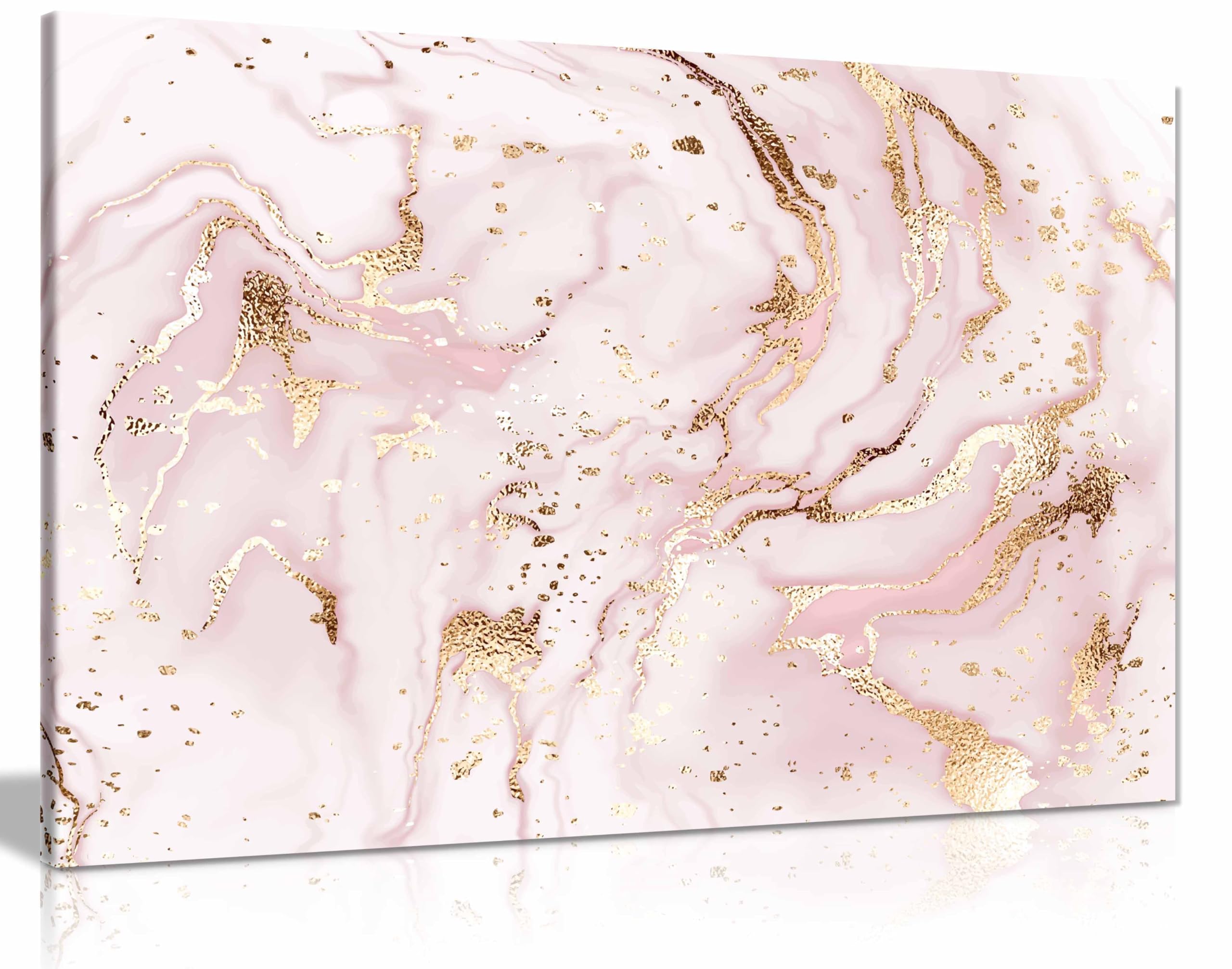 Panther Print Framed Canvas Abstract Light Pink Marble With Gold Print, Pictures For Home Walls, Bedroom, Living Room & Bathroom Decor 76X51cm (30X20in)