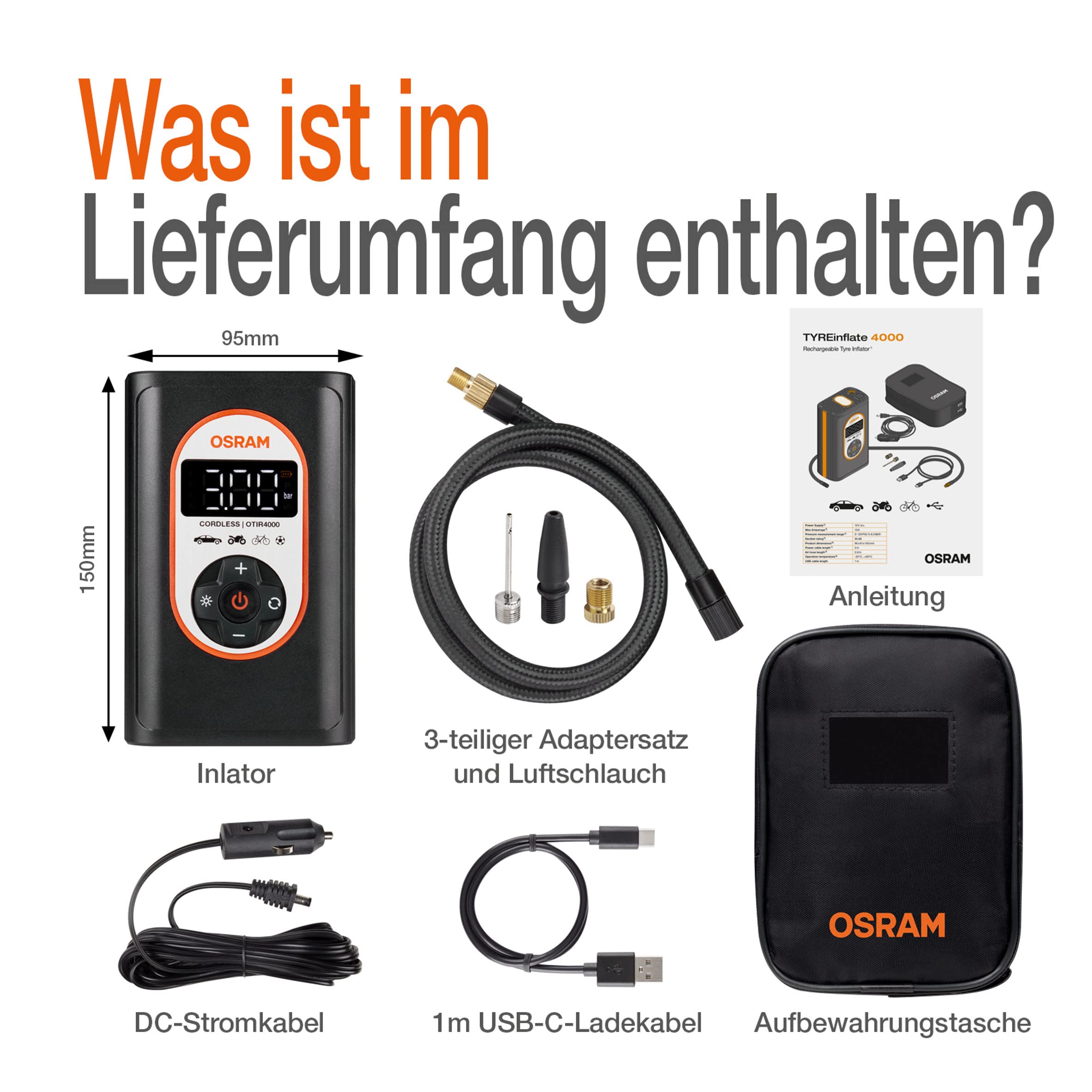 OSRAM TYREinflate 4000, wiederaufladbarer und kabelloser Reifenfüller, programmierbarer digitaler Luftkompressor mit Auto-Stopp und LED-Licht, Reifenbefüllung in 3,5 Minuten | programmierbarer digitaler Luftkompressor mit Auto-Stopp und LED-Licht, Reifenb