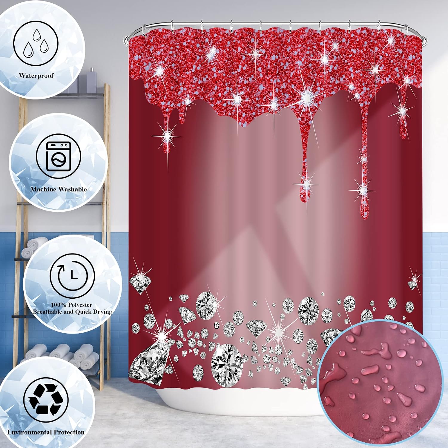 4 Pcs Glitter Diamond Shower Curtain Sets, Burgundy Shiny Drips Bath Decor with Rugs and Toilet Lid Cover, Wine Red Luxury Texture Colorful Bling Modern Bathroom Curtain with 12 Hooks, 72 x 72 in Xmas