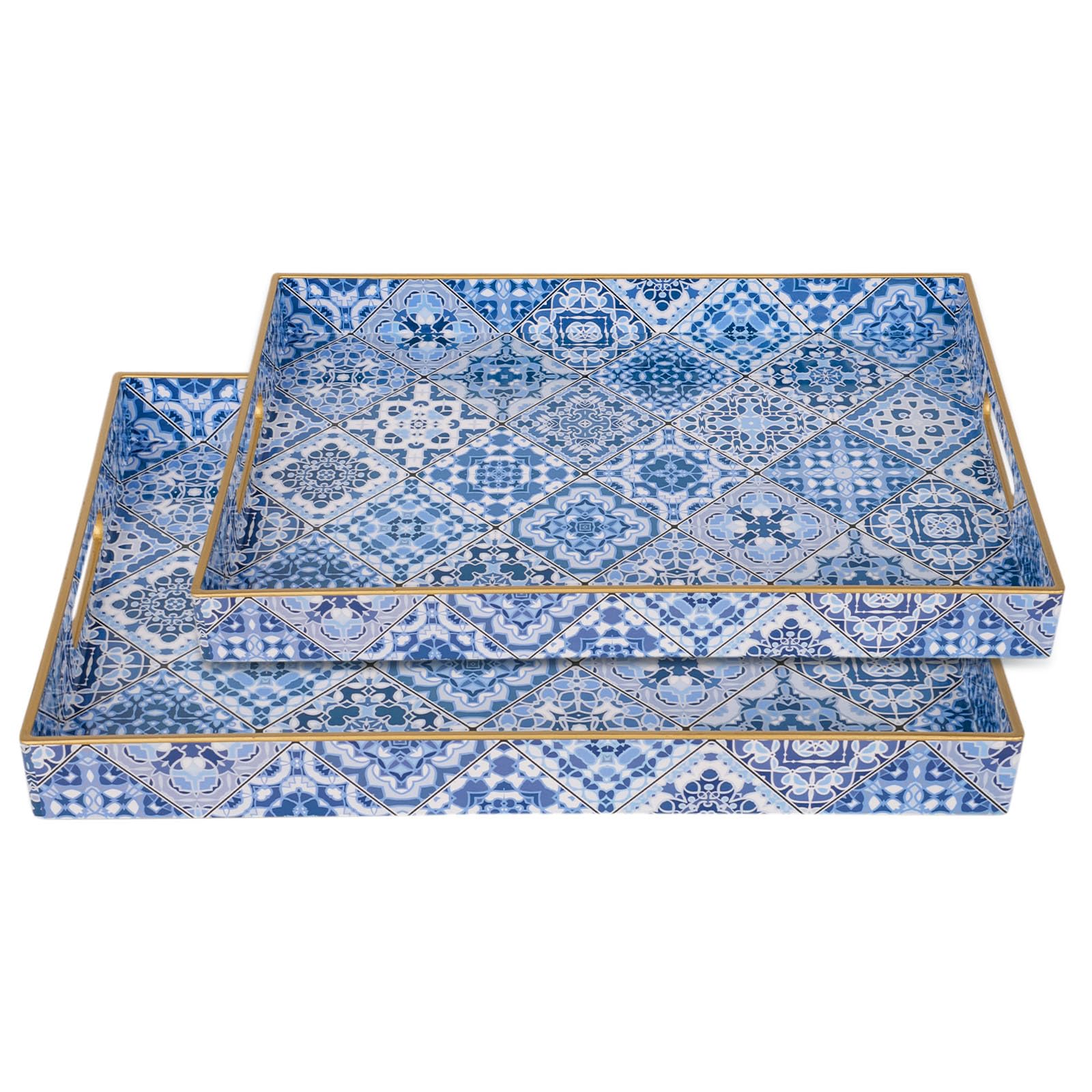 Polegas 2 Pcs Serving Tray, Large Plastic Tray with Handles, Reusable Rectangular Trays for Food Serving, Decorative Tray for Eating, Breakfast, Tea, Coffee (Large + Small)