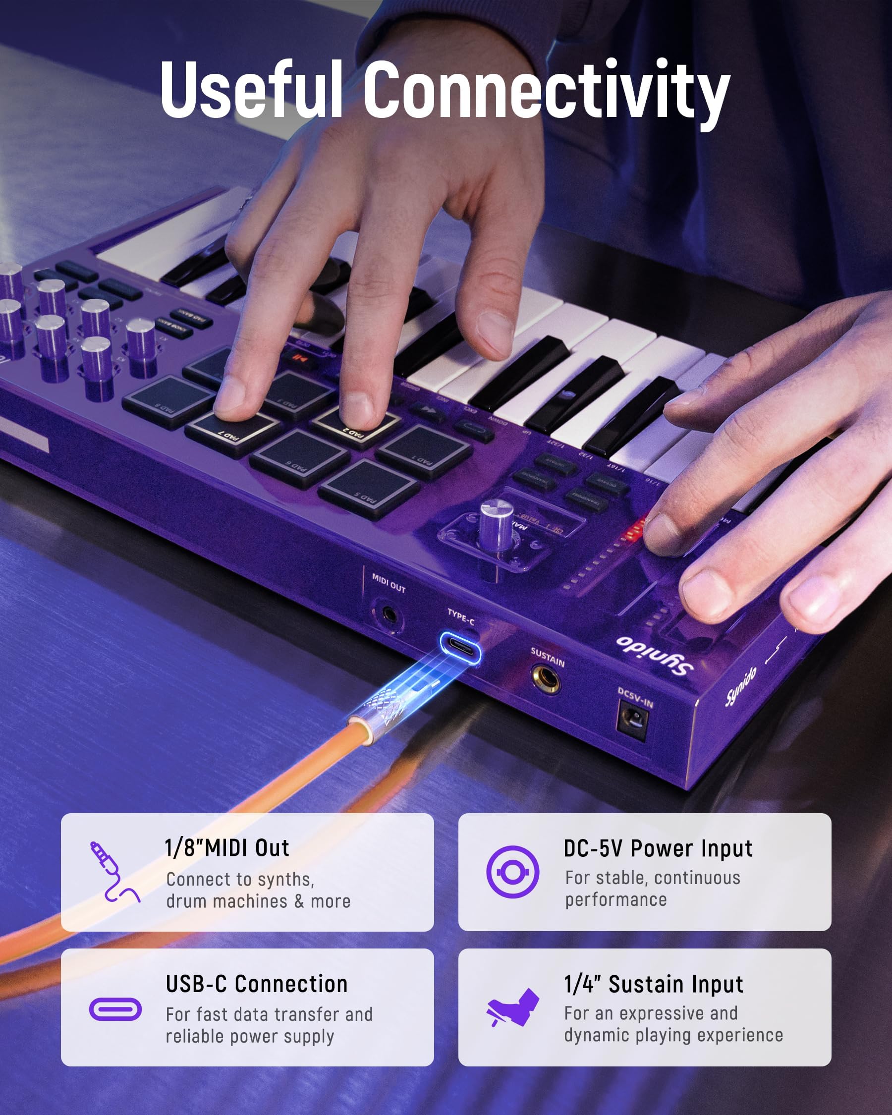 Synido TempoKEY K25 - Tastiera MIDI USB C con 25 tasti con 8 drum pad retroilluminati, schermo OLED, mini tastiera MIDI portatile per produzione musicale, colore: viola