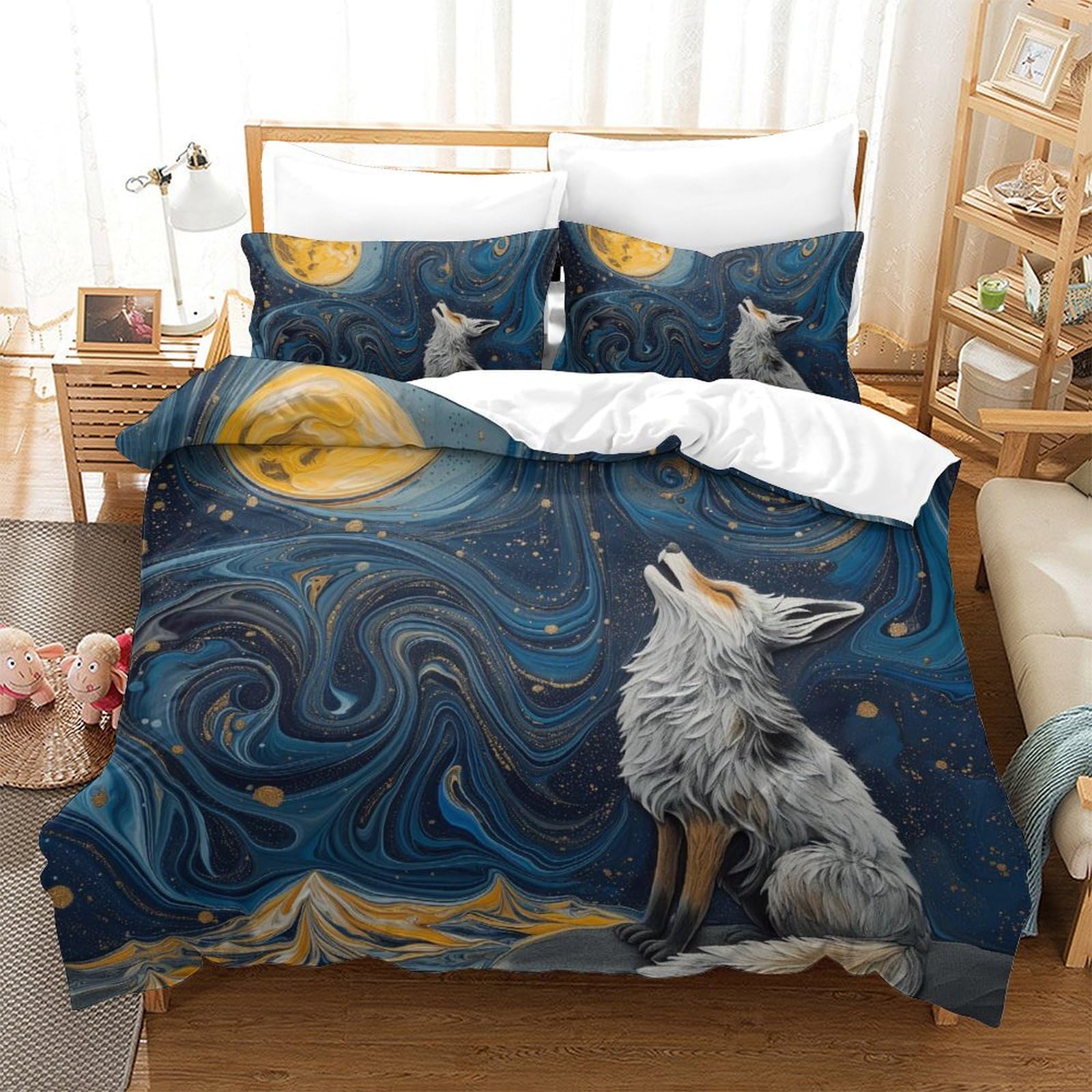 Parure de lit loup housse de couette 220x240 avec taie d'oreiller microfibre king imprimé 3D