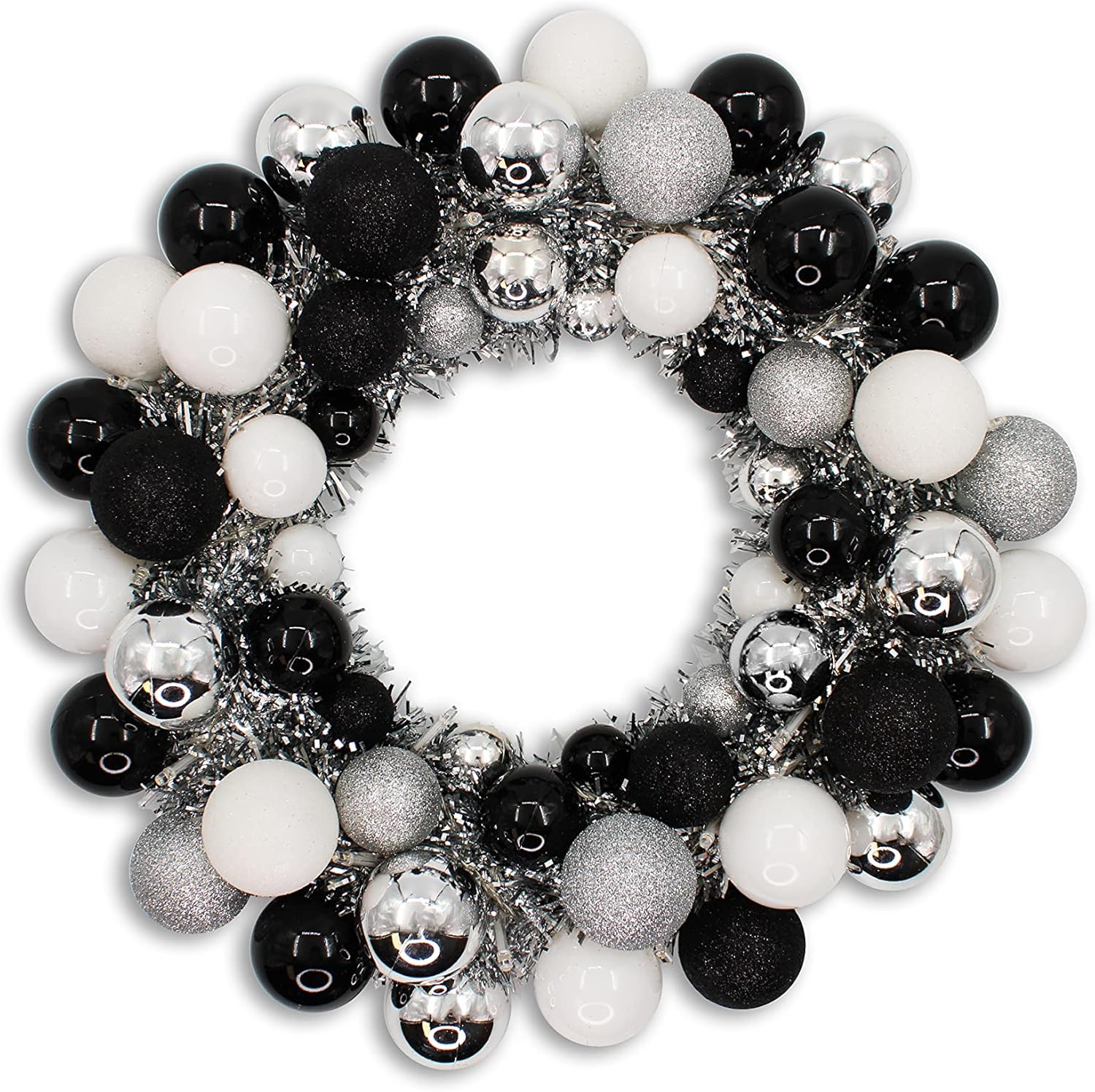 Queens of Christmas 16" Black and White Ball Wreath with Battery Powered Warm White LEDs, (BAT-BWR-16-BKWH-PW)
