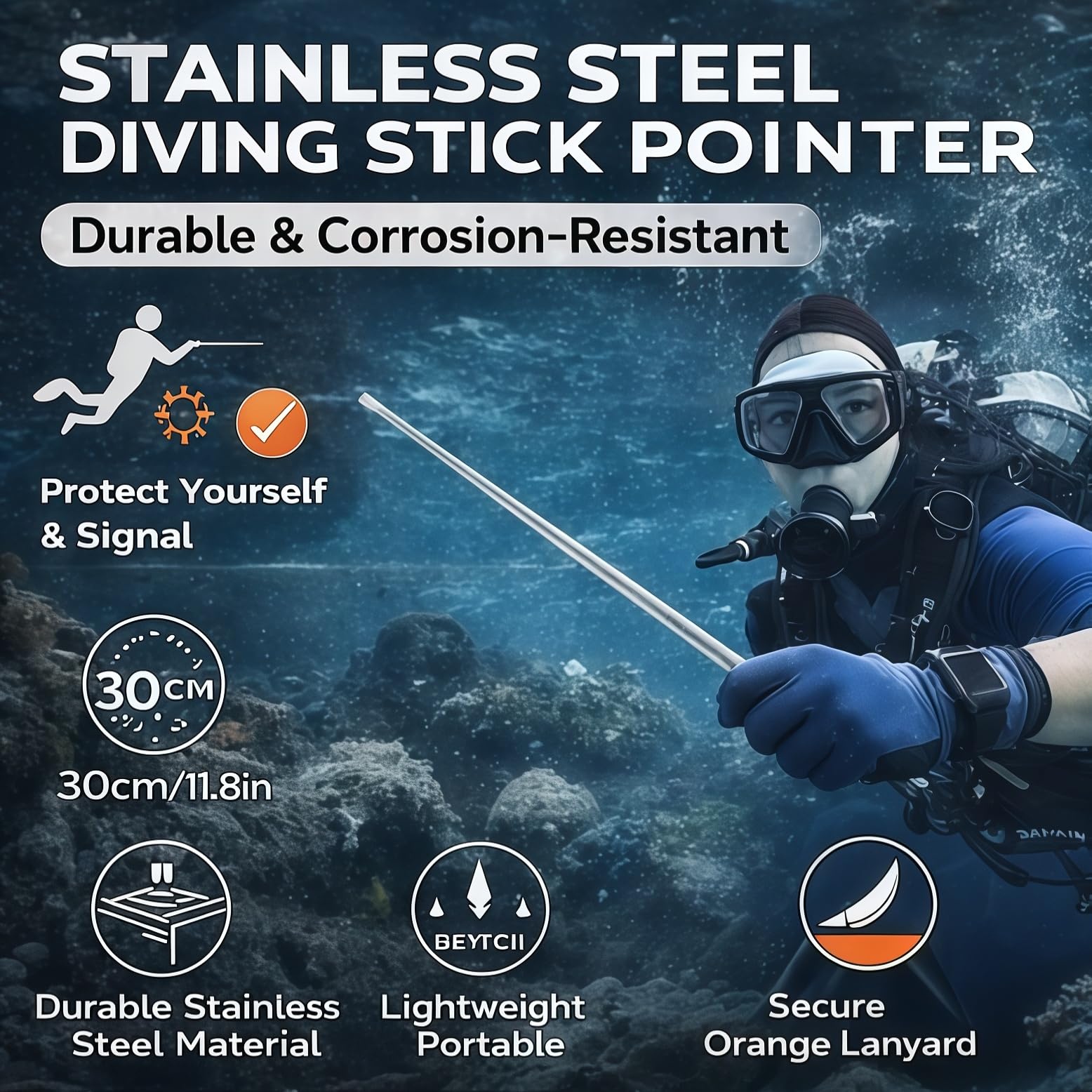 plplaaoo Baguette de plongée en acier inoxydable - Échelle sous-marine - Accessoires avec cordon orange pour la plongée et la plongée avec tuba - En alliage d'aluminium léger et portable - 30