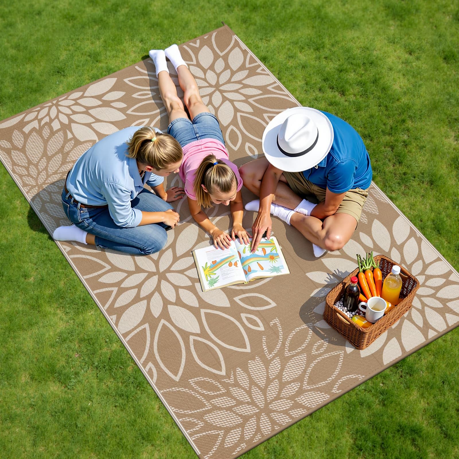 SHACOS Tappeto da Esterno Impermeabile Reversibile Plastica Leggera Resistente Ai Raggi UV Giardino Campeggio, Fiori Marrone, 180 x 270 cm