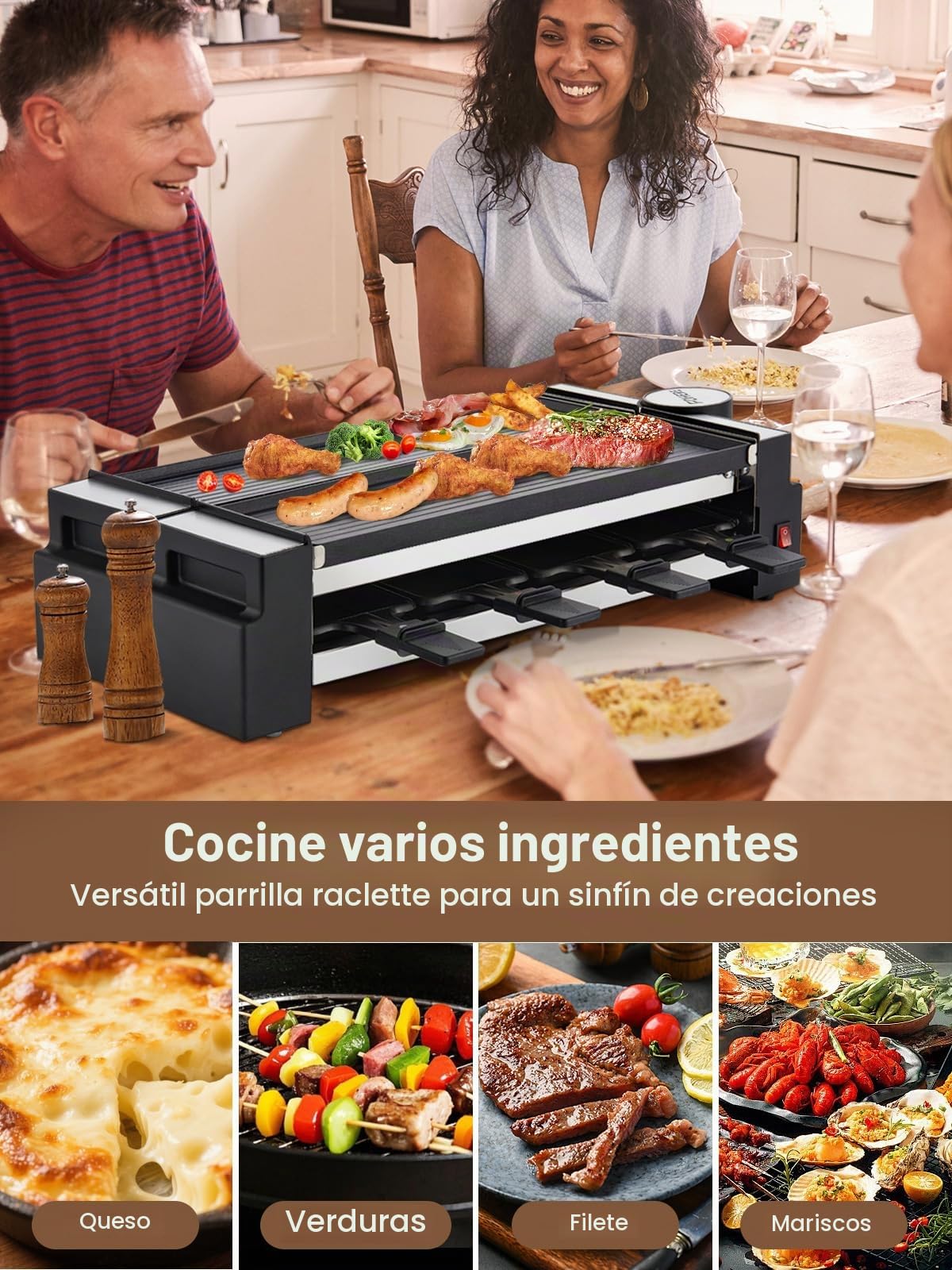 FOHERE Raclette 8 Personas, 1400W Raclette Grill Electrico con Parrilla Antiadherente y 8 Placas, Parrilla Eléctrica Giratoria, Adecuada para Familias y Fiestas