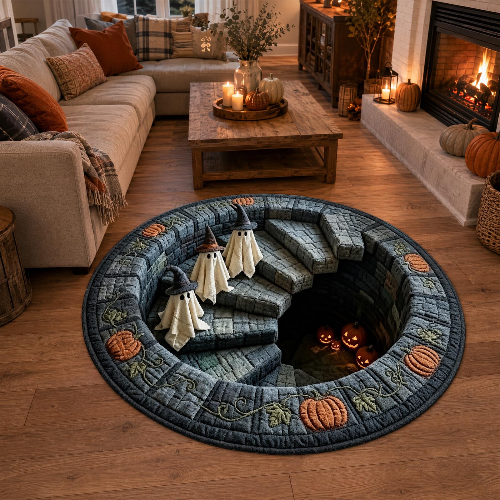 Tapis rond en velours antidérapant avec impression visuelle en spirale pour