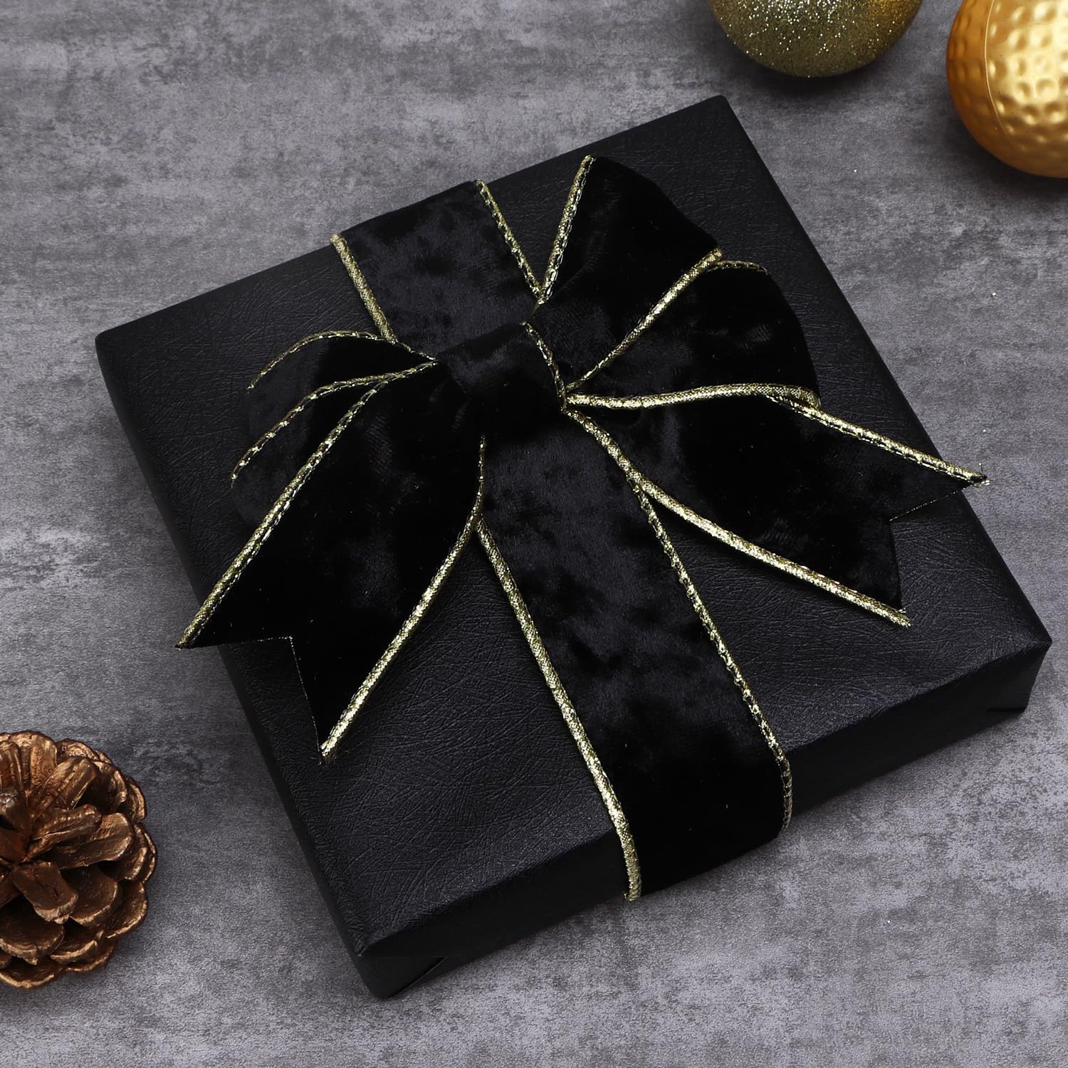 Ribbli Black Velvet Wired Ribbon 1.5 Inch Metallic Black Gold Crushed Velvet Christmas Ribbon for Gift Wrapping Christmas Tree Decoration Crafts Wreaths Supplies-Continuous 10 Yards
