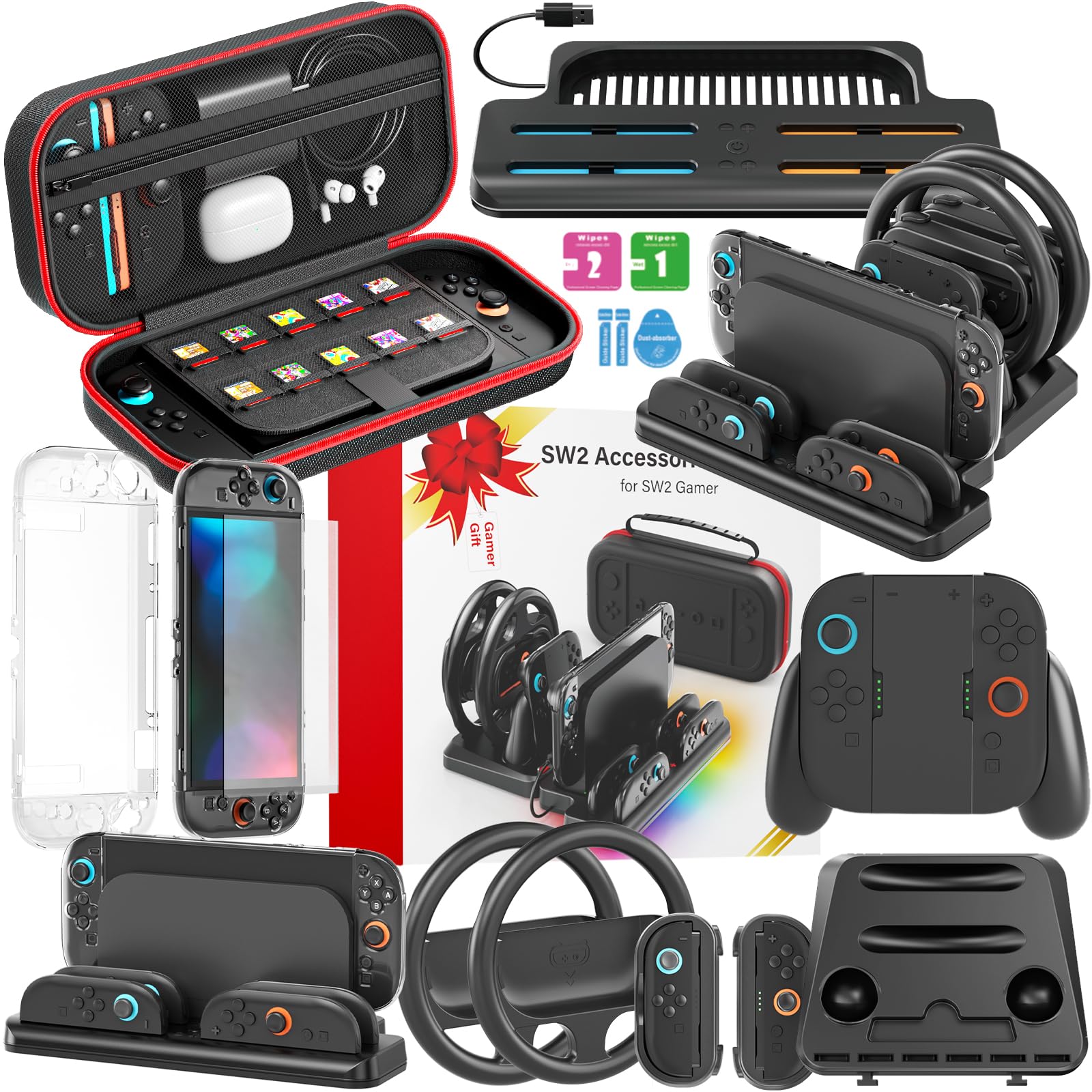 10 in 1 Switch 2 Zubehörset, Große Switch 2 Tasche, Joy Con 2 Ladestation, Spiel Lenkräder und Griffe, Organizer Station, Schutzhülle und Bildschirmschutz, Gamer Zubehör Geschenke