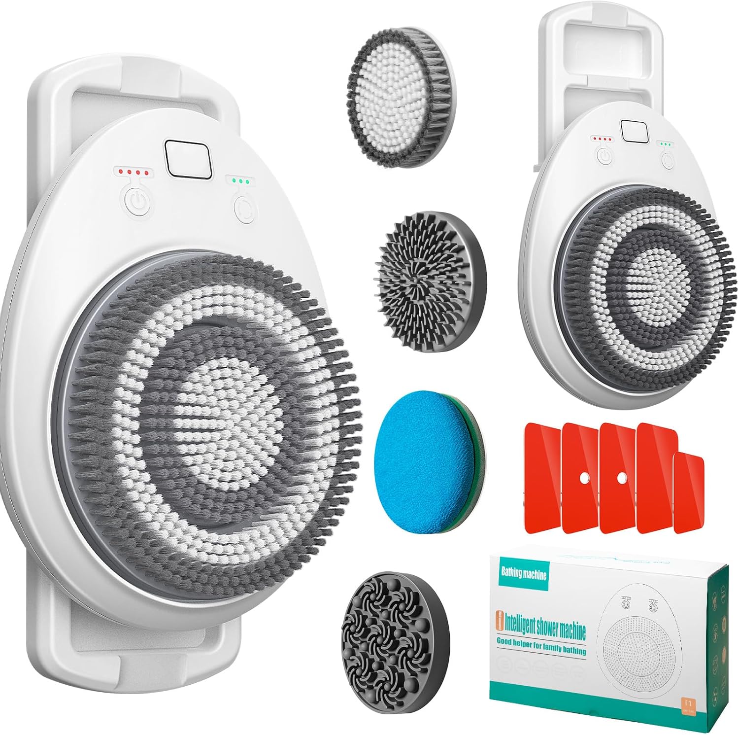 7'' Large Shower Back Scrubber Wall Mounted, 3 Speed Adjustment Electric Body Scrubber for Shower with 4 Replaceable Heads, 360 Degree Automatic Rota Tion Electric Shower Brush