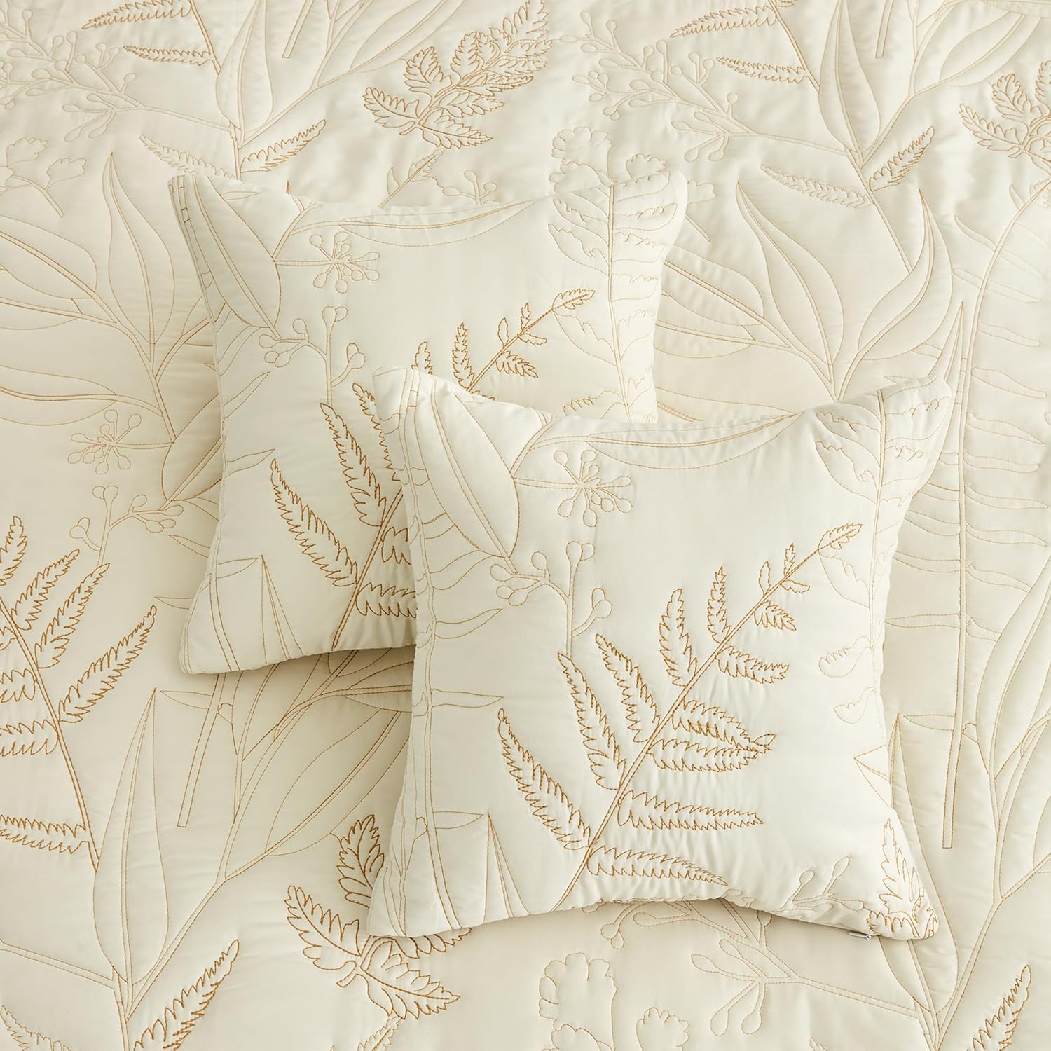 Botanical Oversized Bedspread King Size - Leaves Pattern Stitching Quilt Set - Elegant & Fresh Style Bedding Coverlets, Reversible, Lightweight, 5 Piece, Ivory - Image 9