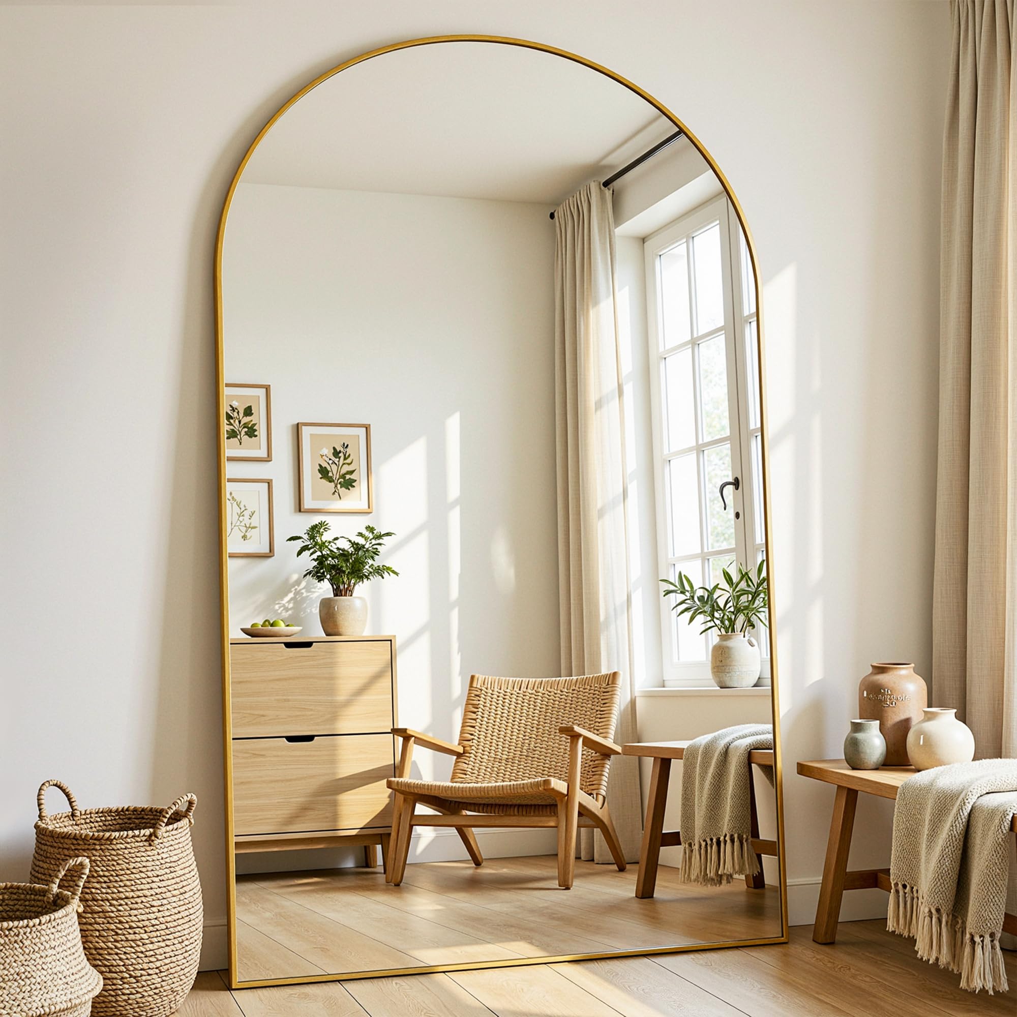 Antok Grand miroir pleine longueur, 183 x 112 cm, miroir sur pied bombé, verre incassable, miroir de sol, pour salon, dressing, montage mural, emballage sûr, doré