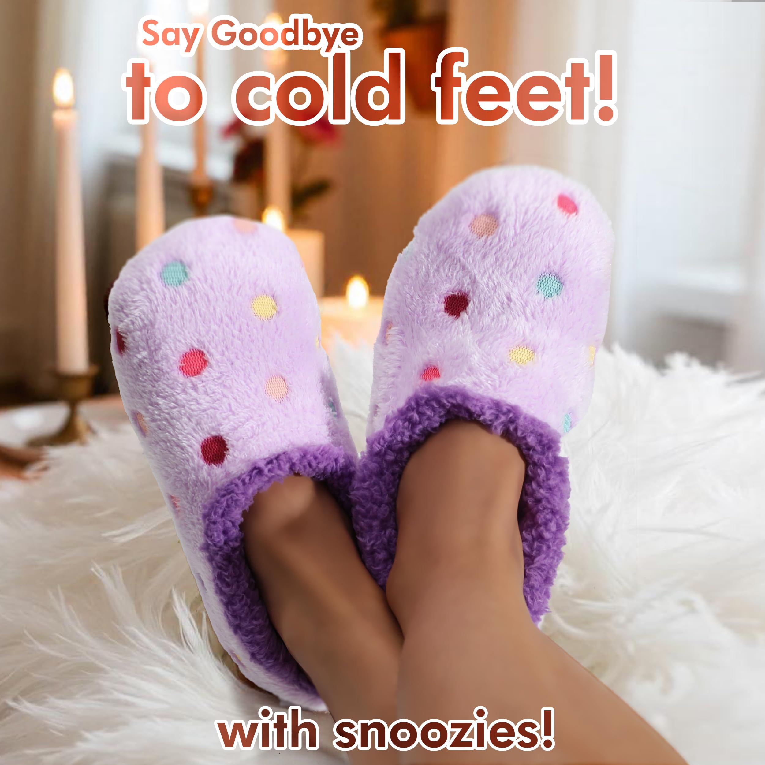 Snoozies Hausschuhe für Damen, Lotsa Punkte, Bunte gemütliche Sherpa Hausschuhe für Damen, Hausschuhe für Damen, Bunte Hausschuhe, Pink (Lavendel), Small