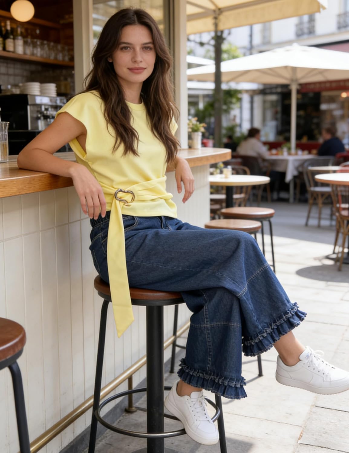 Dqbeng Womens Ruffle Hem Wide Leg Jeans Mid Rise Baggy Cropped Denim Pants with Pockets - Image 7